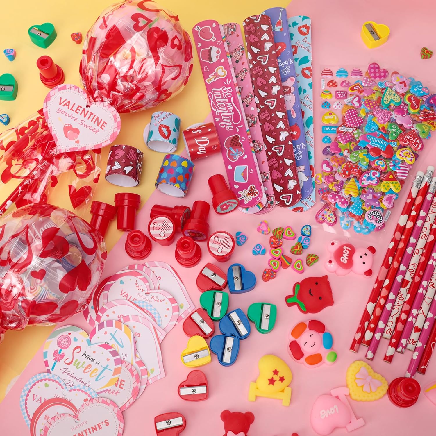 30 Pack Valentines Day Gifts Giant Lollipop Stationery Set Lollipop Return Gifts with Heart Cards Pencils Erasers Stamps Sharpeners Bracelets for Valentine Prizes Party Favors