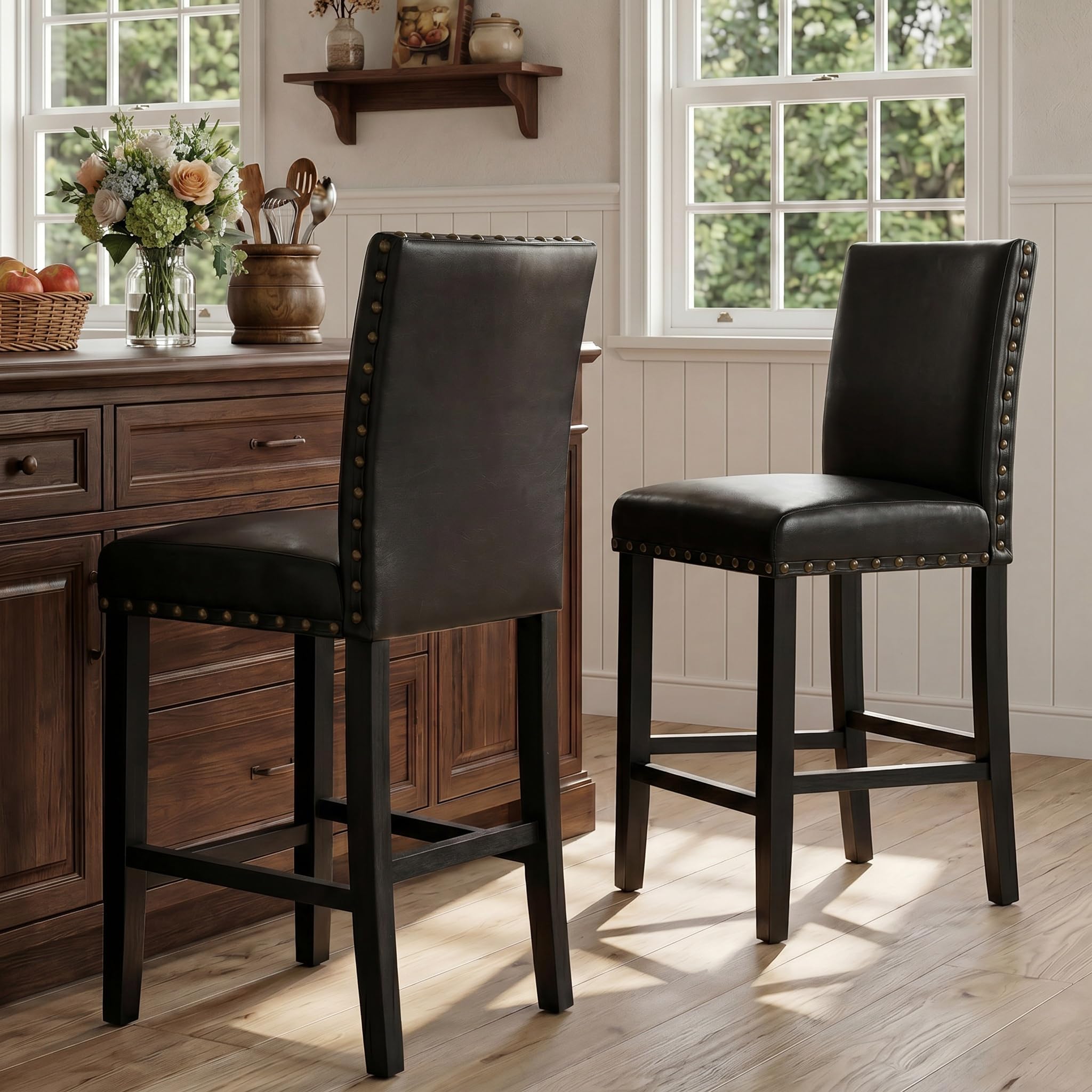 Upholstered Counter Height Bar Stools with Nailhead Trim, 24 Inch Seat Height, Solid Wood Frame, 300 LBS Weight Capacity, PU Leather & Fabric Options for Kitchen Island, Dining Room, Bar (Black, 2pcs)