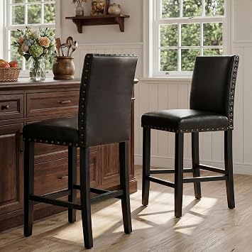 Upholstered Counter Height Bar Stools with Nailhead Trim, 24 Inch Seat Height, Solid Wood Frame, 300 LBS Weight Capacity, PU Leather & Fabric Options for Kitchen Island, Dining Room, Bar Black, 2pcs
