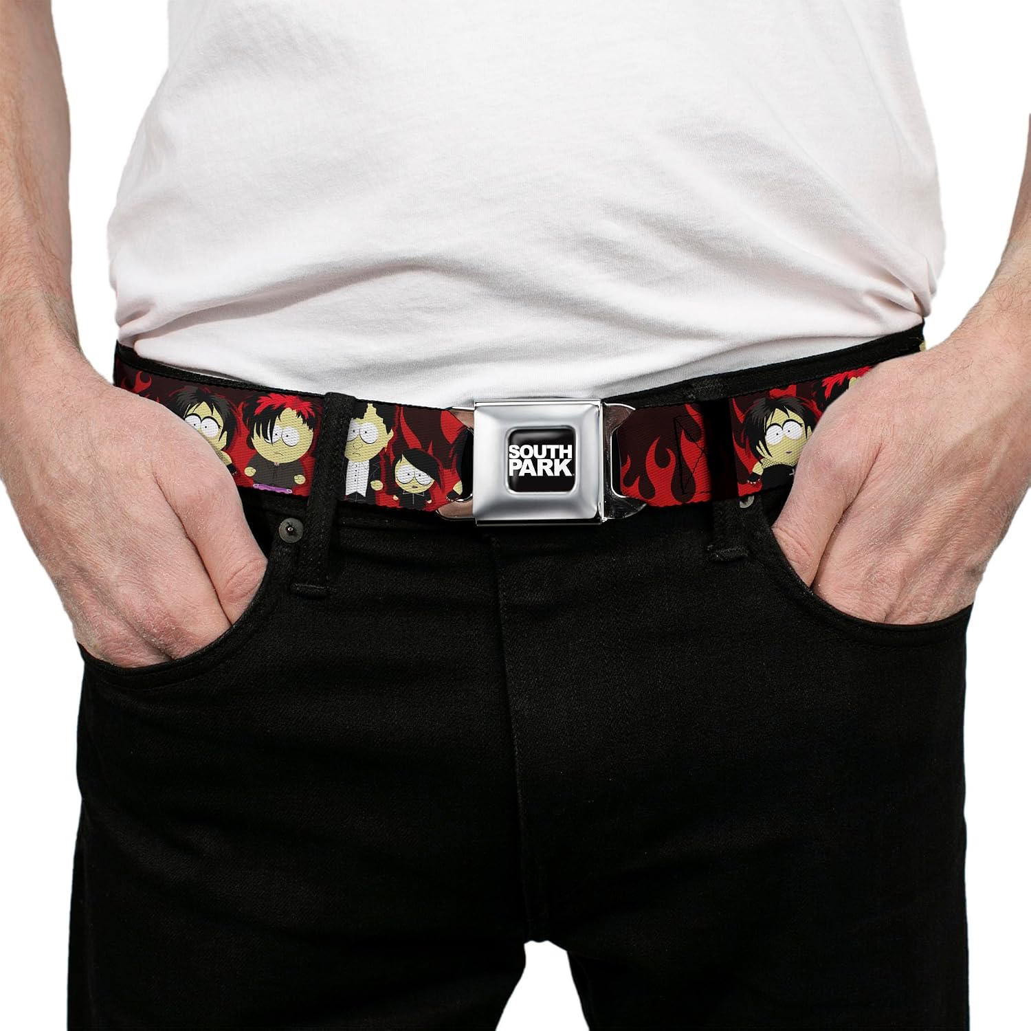 Paramount Network Belt, Seatbelt Buckle Belt, South Park Goth Kids Poses Flame Reds, Adjustable