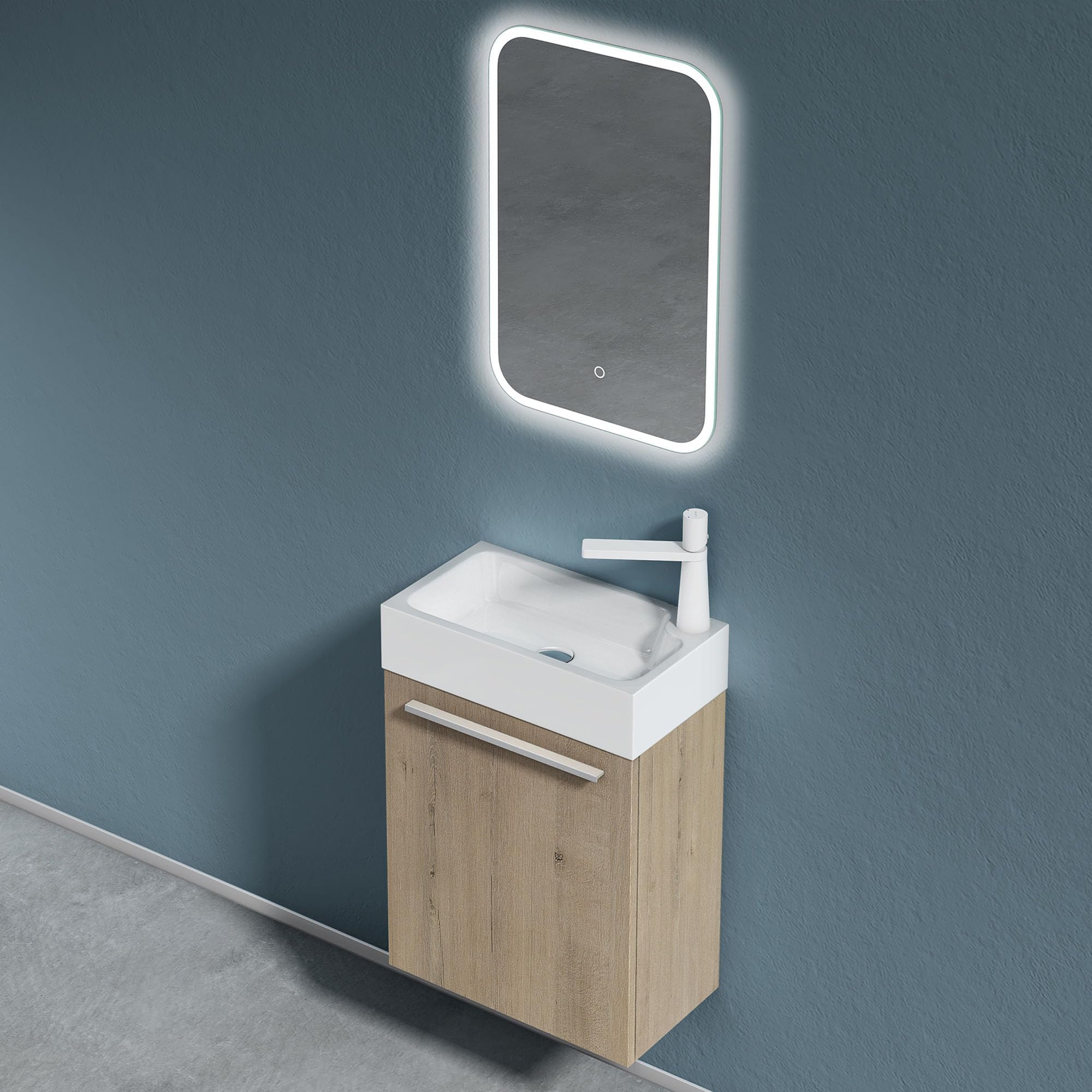 doporro Badezimmer-Set Waschplatz Badmöbel-Set Gäste WC Waschbecken Waschtisch mit Unterschrank in Eiche Greige Waschbeckenunterschrank 46x26x63cm Pisa