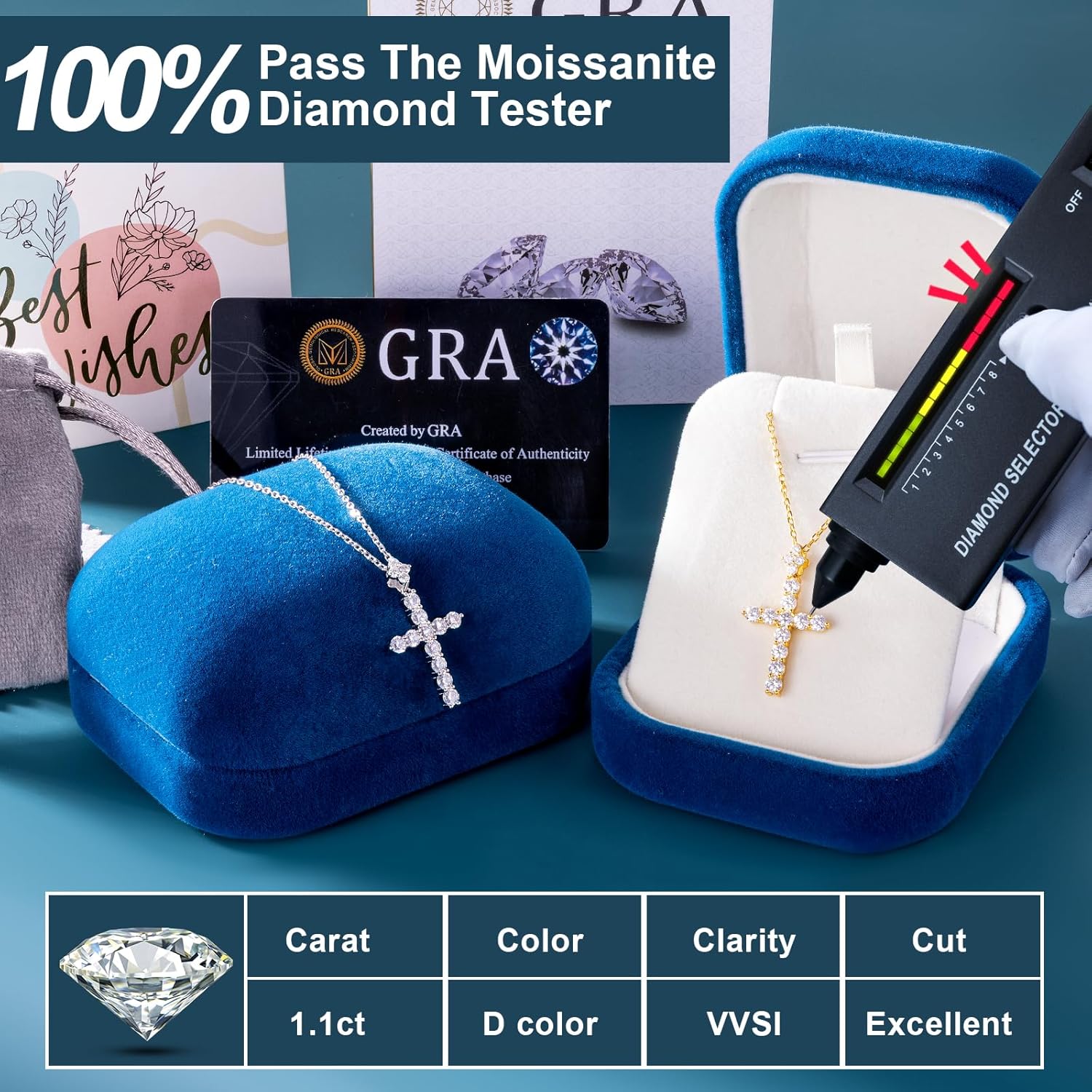 YIMERAIRE Upgraded Moissanite Crown Cross Necklace 14K Gold Vermeil 1.1 Carats Dainty Iced Out Christian Faith Cross Jewelry S925 Sterling Silver Simple Gold Moissanite Cross Pendant Necklace For Women - Image 7