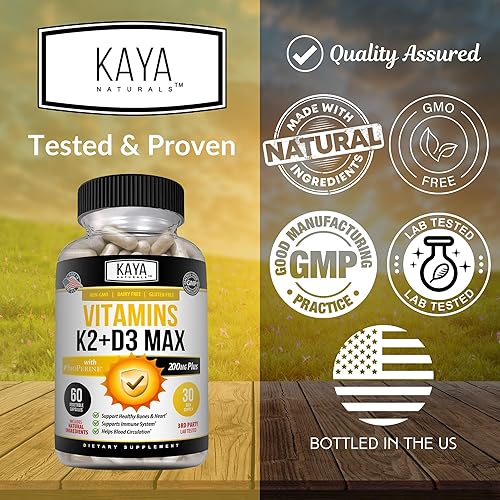 Miniatura 6 de Kaya Naturals Vitaminas K2 con D3 5000IU Suplemento - Suplemento de salud ósea y cardíaca - Suplemento de vitamina K2 MK-7 fácil de tragar -