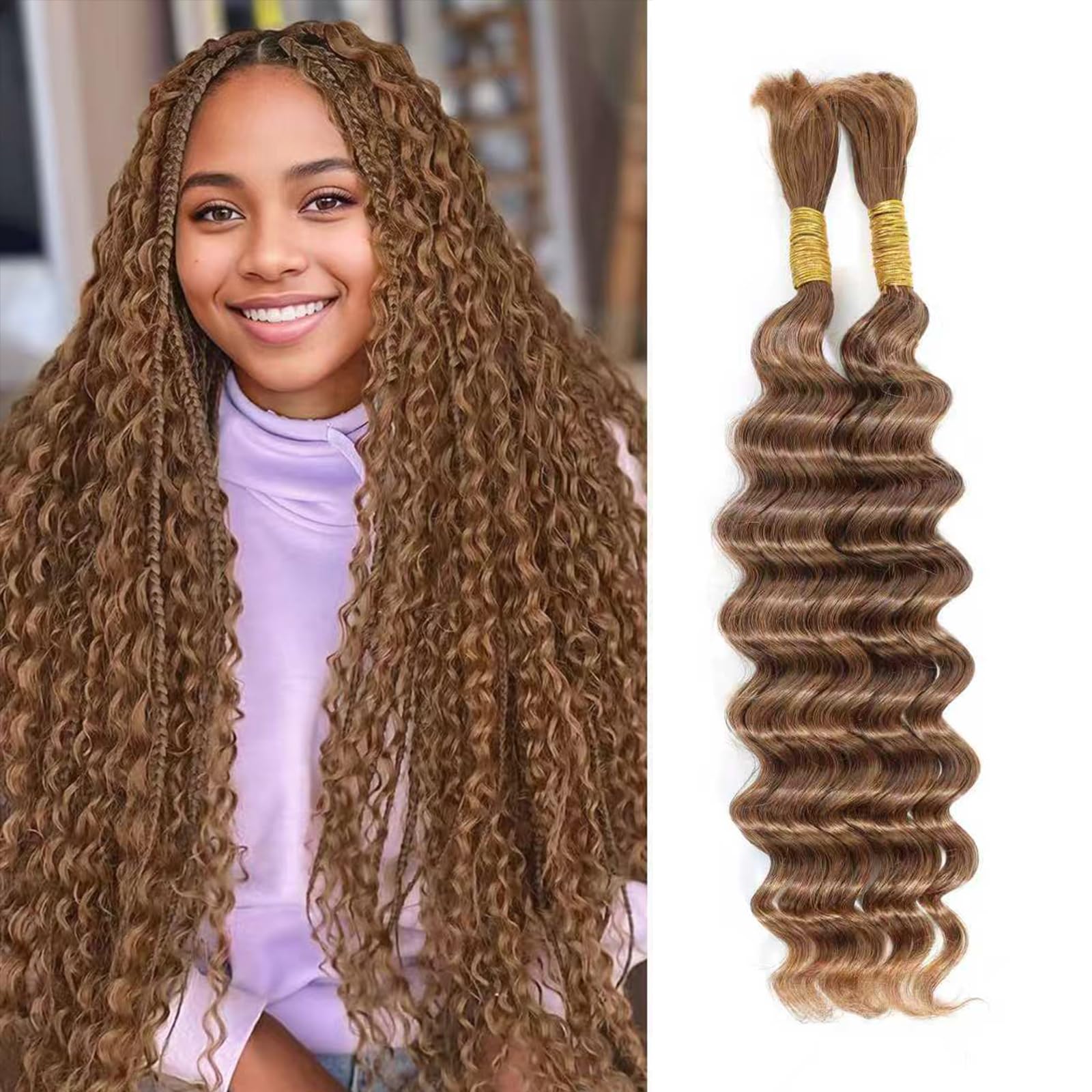Humistwbiu Bulk Human Hair for Micro Braiding Human Hair 100% Unprocessed Brazilian No Weft Deep Wave Human Braiding Hair 20 Inch 100g Brown