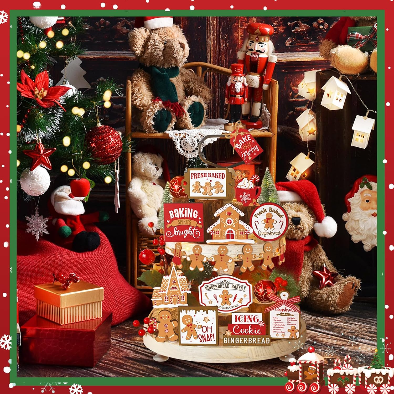 Funnymoom 17 Pcs Christmas Tiered Tray Decor Gingerbread Man Tray Decor Set