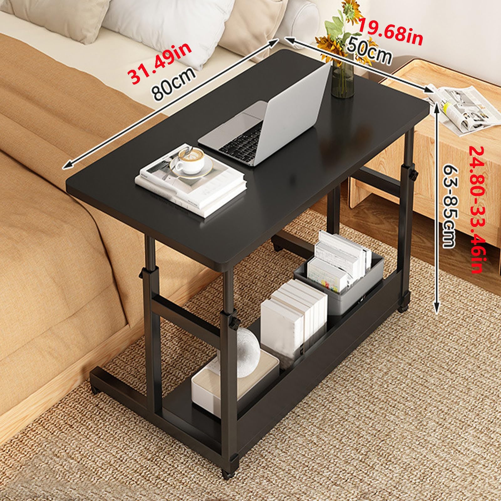 Mesa auxiliar móvil con ruedas, mesas auxiliares de 2 niveles, 50 cm de ancho, altura ajustable de 63 a 85 cm, marco de metal, mesas de sofá para laptop, aperitivos, libros