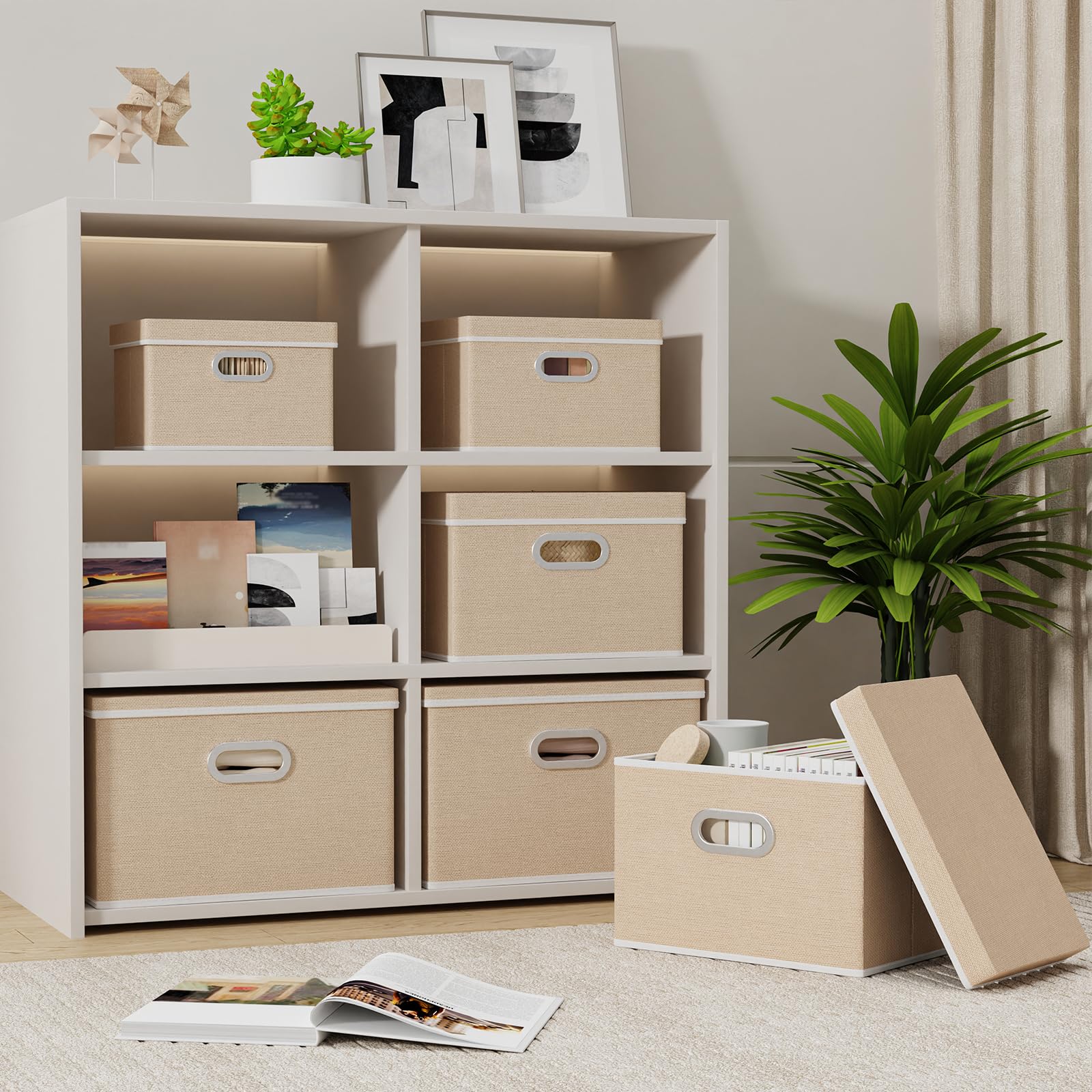Yawinhe Scatole Portaoggetti con Coperchi, Set di 3 Lavabile, Stoccaggio in Tessuto con Manici, Contenitore per Armadio, per Conservare Vestiti, 45x30x30cm, Beige