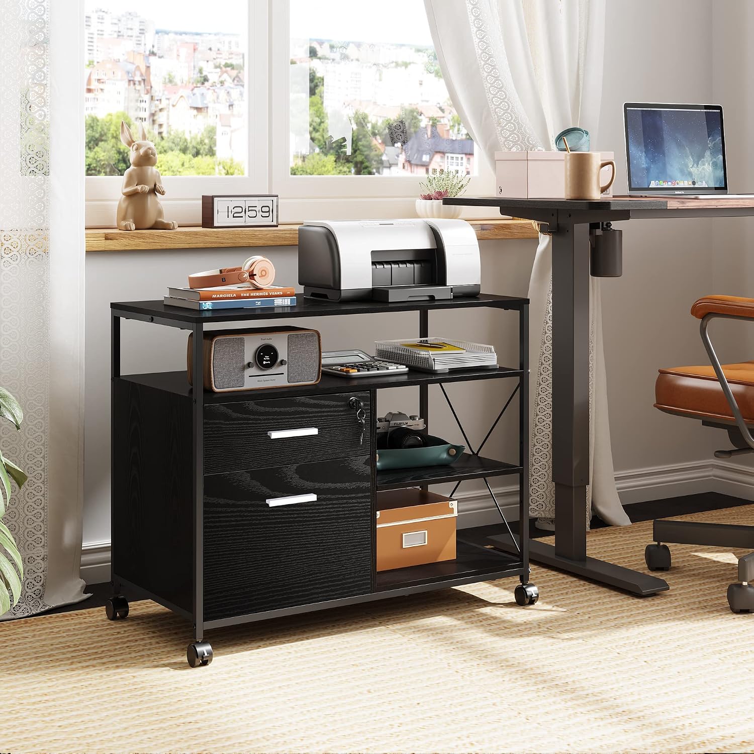 DEVAISE 2 Drawer Wood File Cabinet with Lock, Mobile Printer Stand with Open Storage Shelf, Lateral Filing Cabinet fits A4 or Letter Size for Home Office, Black