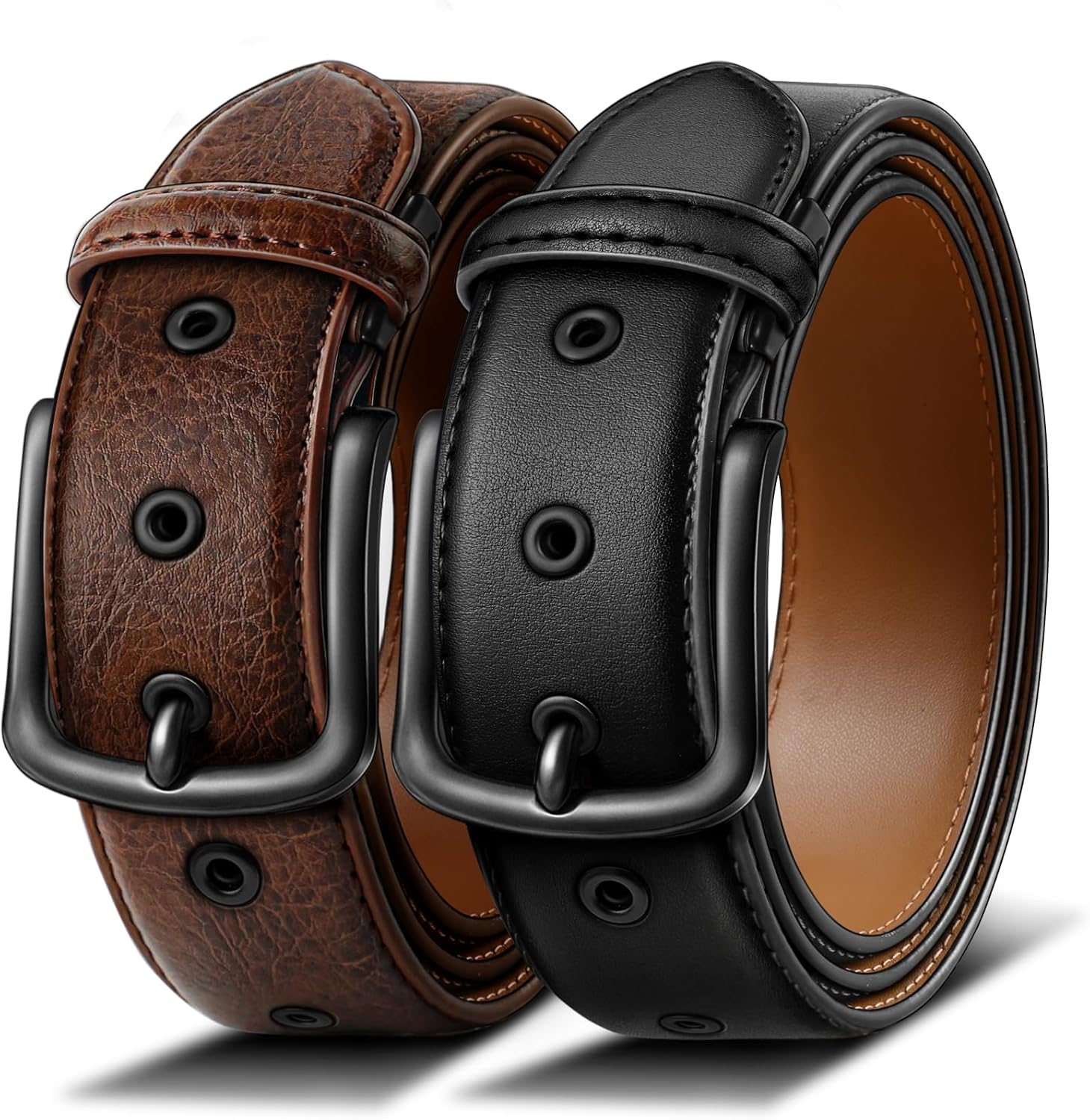 BULLIANT Men Belt 2Pack-Leather Belt 7Holes Comfortable For Men's Dress Casual Jeans 1 3/8"