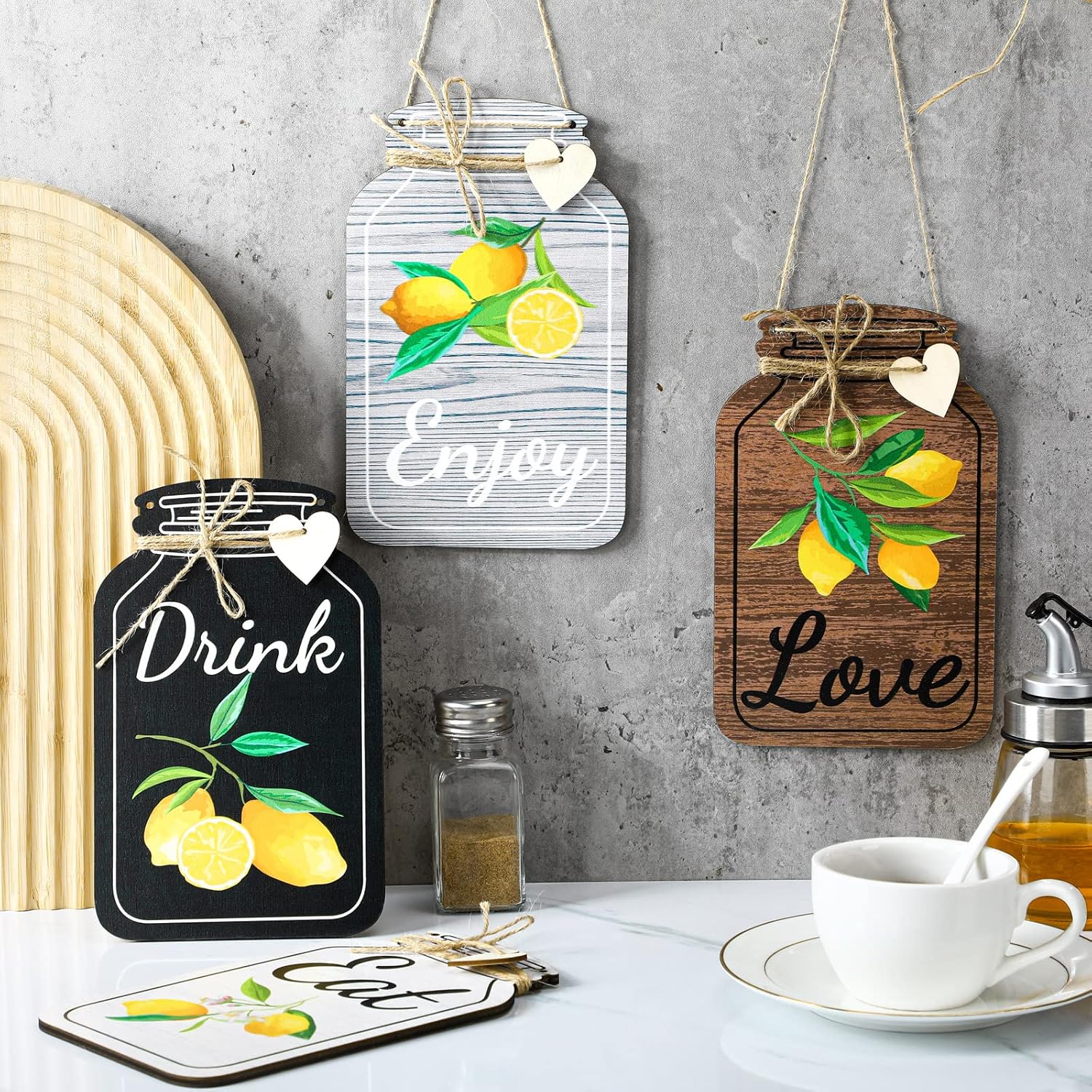 Weysat 4 Pcs Lemon Kitchen Wall Decor Mason Jar Shaped Wooden Rustic Home Decor for Kitchen Dining Room Bar Cafe Porch Decorations