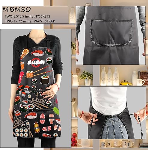 Miniatura 3 de MBMSO Delantal de sushi con bolsillos, regalo de chef de sushi, lindo delantal con estampado de sushi para amantes del sushi, divertidos regalos de