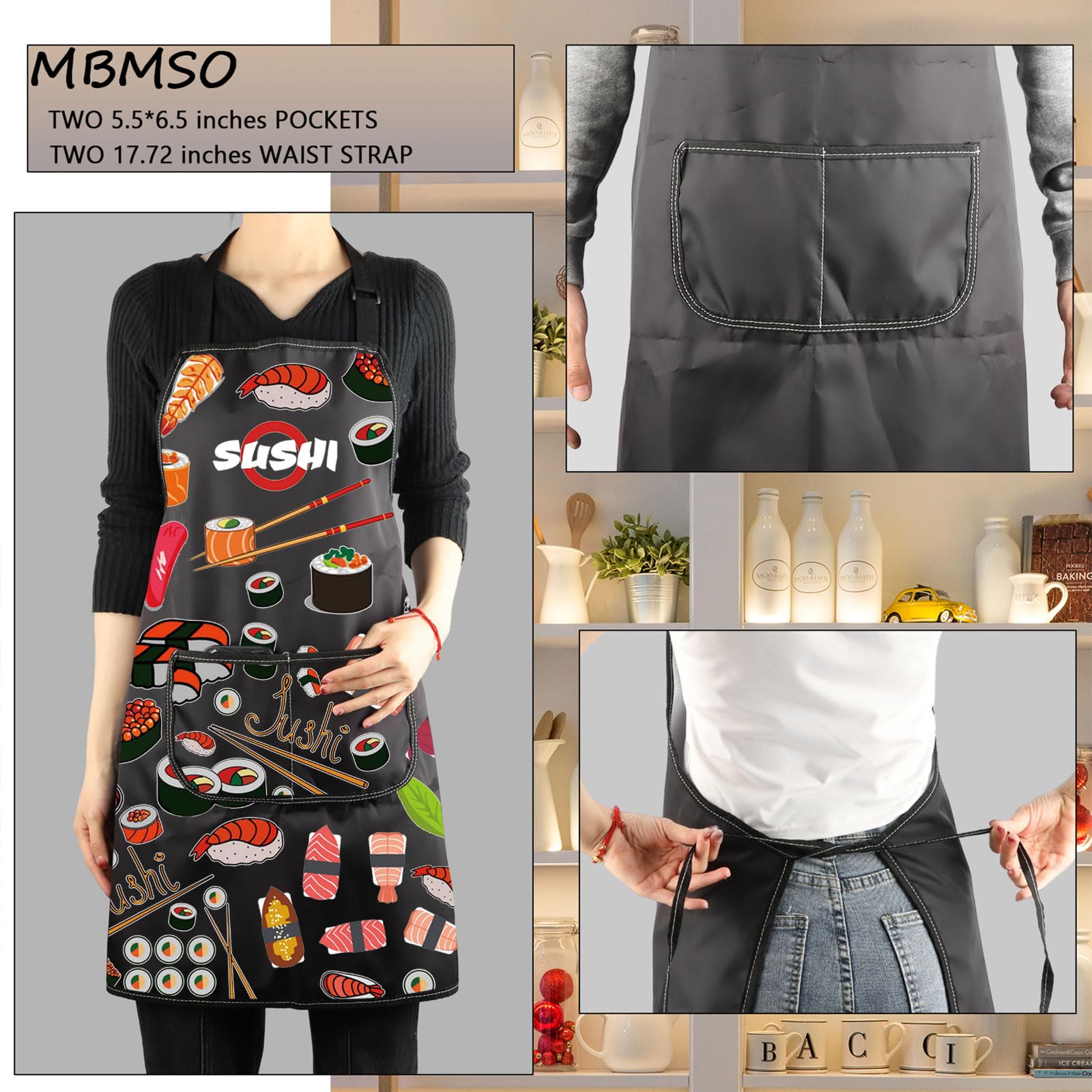 Delantal de sushi con bolsillos, regalo de chef de sushi, lindo delantal con estampado de sushi para amantes del sushi, divertidos regalos de sushi, delantal para hacer sushi, Delantal de 3