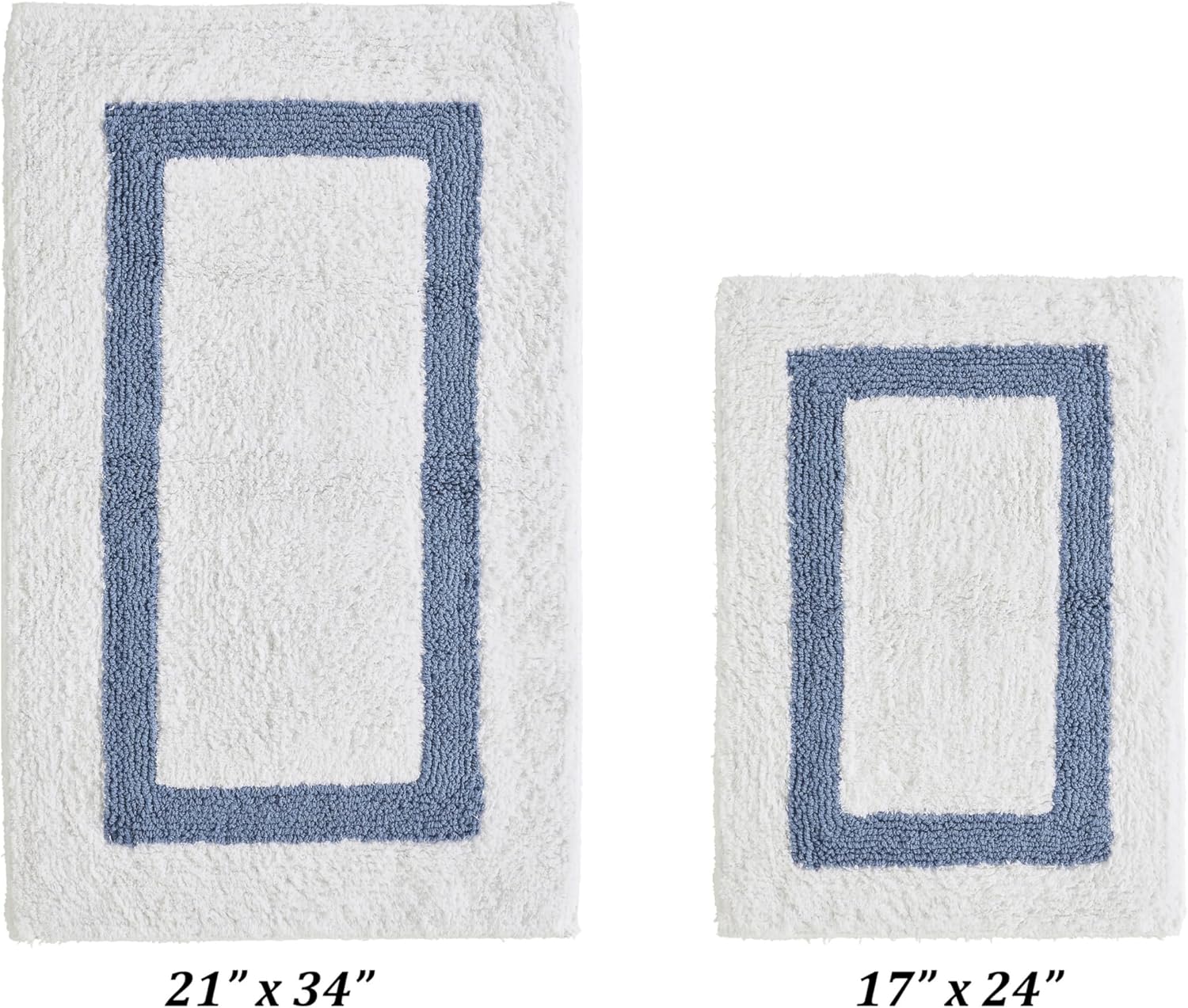 Better Trends 2 Piece Bathroom Rug Set 100% Cotton - Reversible, Soft, Absorbent and Machine Washable Bath Rugs Suitable for Bathroom Floor, Tub, Shower White & Dark Blue Hotel Collection