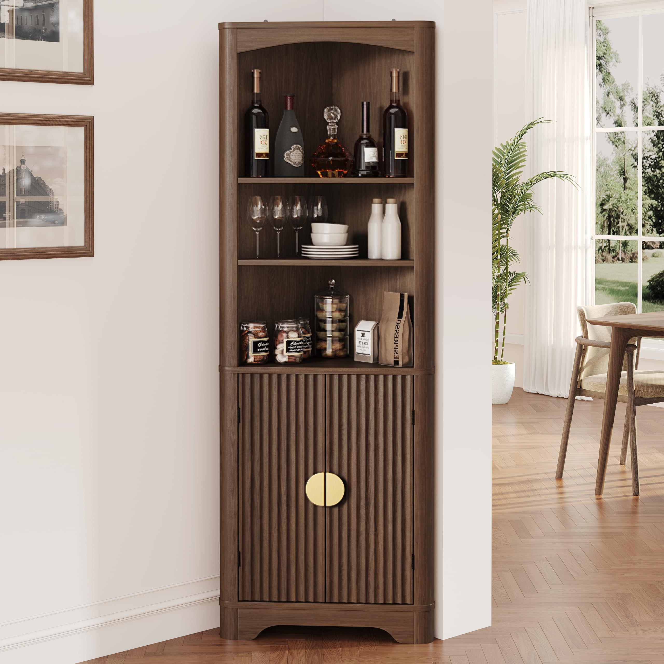 oneinmil Tall Corner Cabinet, Mid-Century Modern Fluted Storage Cabinet, Corner Shelf with Doors, for Kitchen, Bathroom, Living Room, Walnut