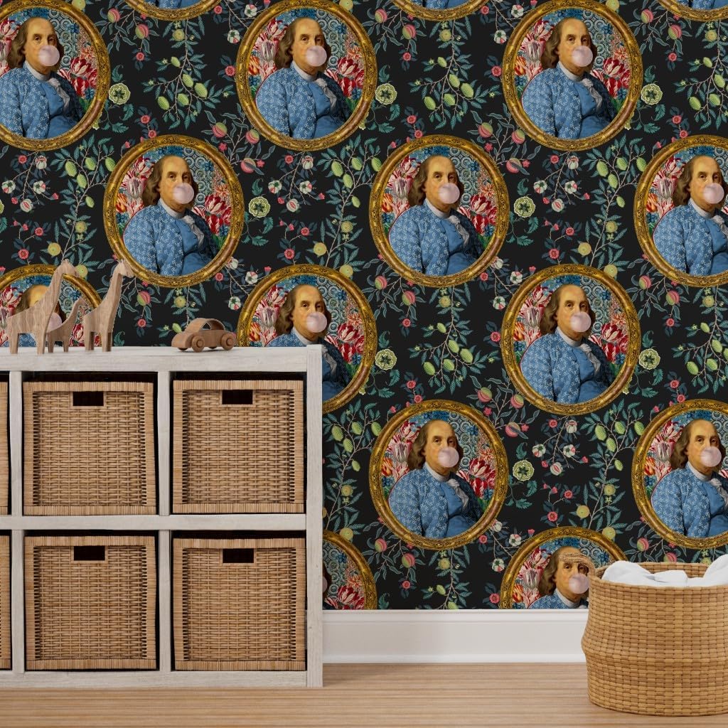 Spoonflower Removable Wallpaper 3ft x 2ft - Bubblegum Ben Franklin President Floral Print Charcoal Novelty Custom Pre-Pasted Wallpaper