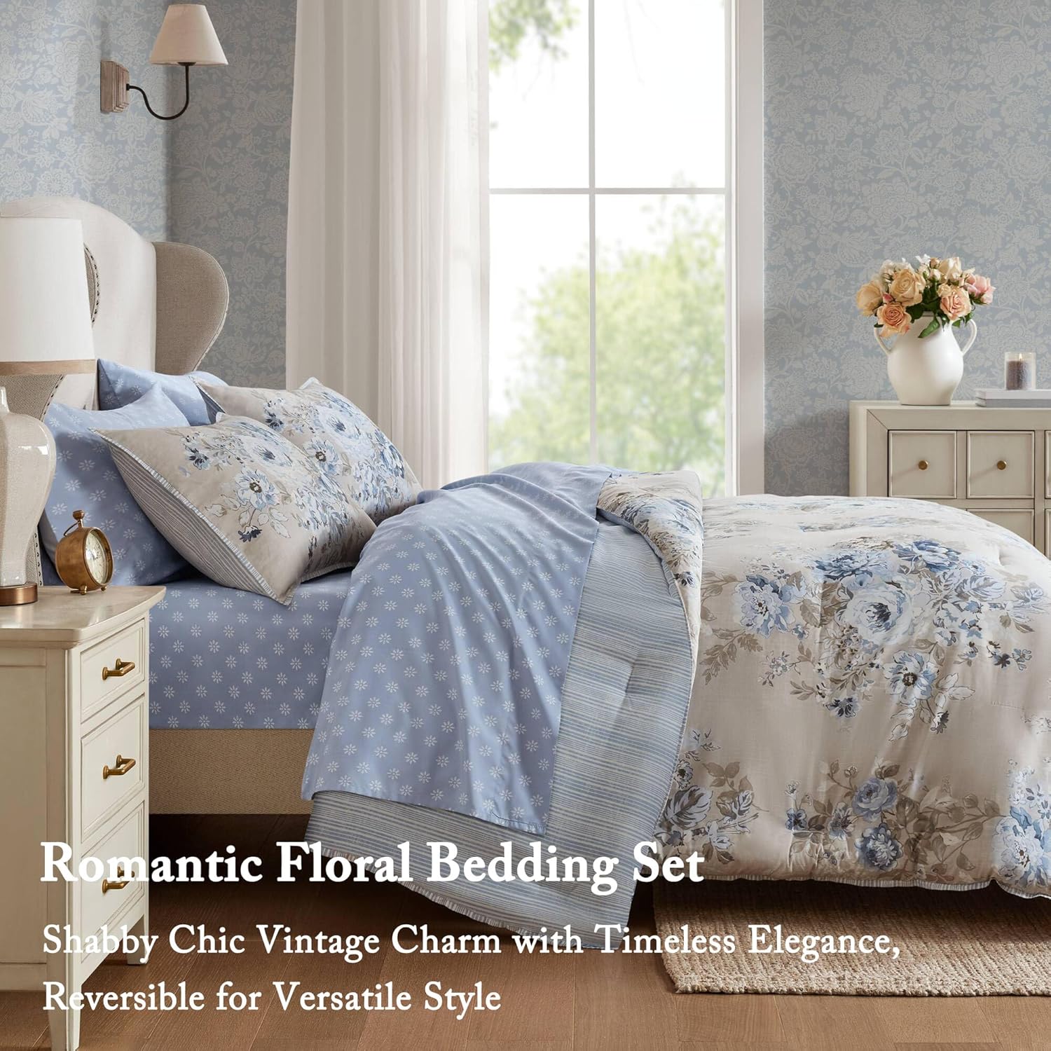 Madison Park Essentials Floral Comforter Set Queen Size, Vintage Flower Bedding Set with Sheet Set, 7 Pieces Bed in a Bag with Reversible Botanical Comforter, Pillowcases & Shams, Heather, Beige/Blue