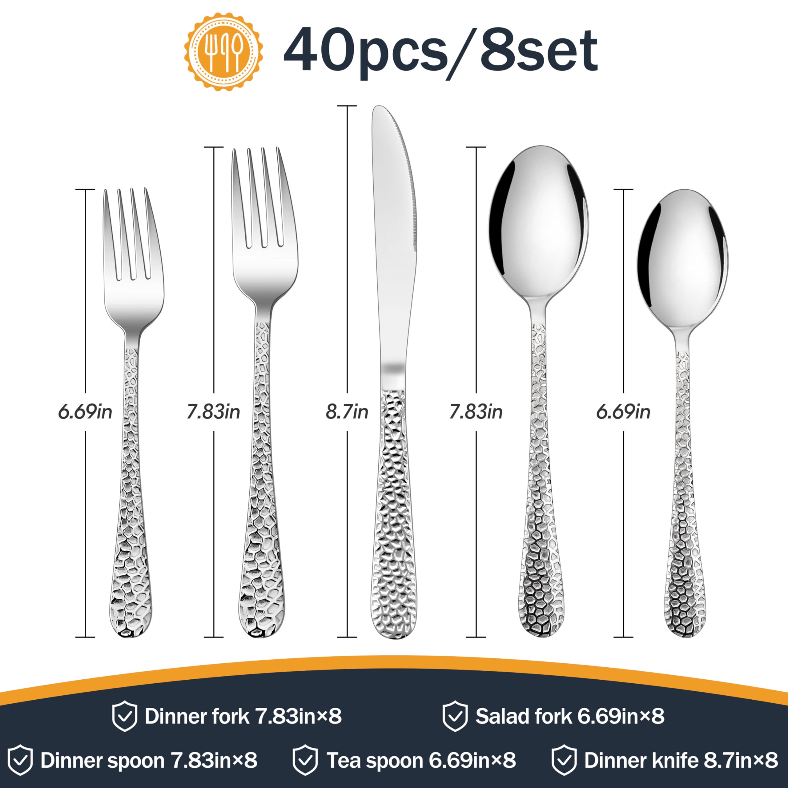 HaWare Hammered Silverware Set, 40-Piece Stainless Steel Flatware Set Serving for 8, Food-Grade Tableware Cutlery Set, Durable Eating Utensil Sets for Home Restaurant, Mirror Polish, Dishwasher Safe