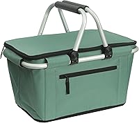 SIYUAN 27L Collapsible Picnic Basket - Insulated Folding Grocery Cooler Bag with Handles, Reusable Market Tote, Green