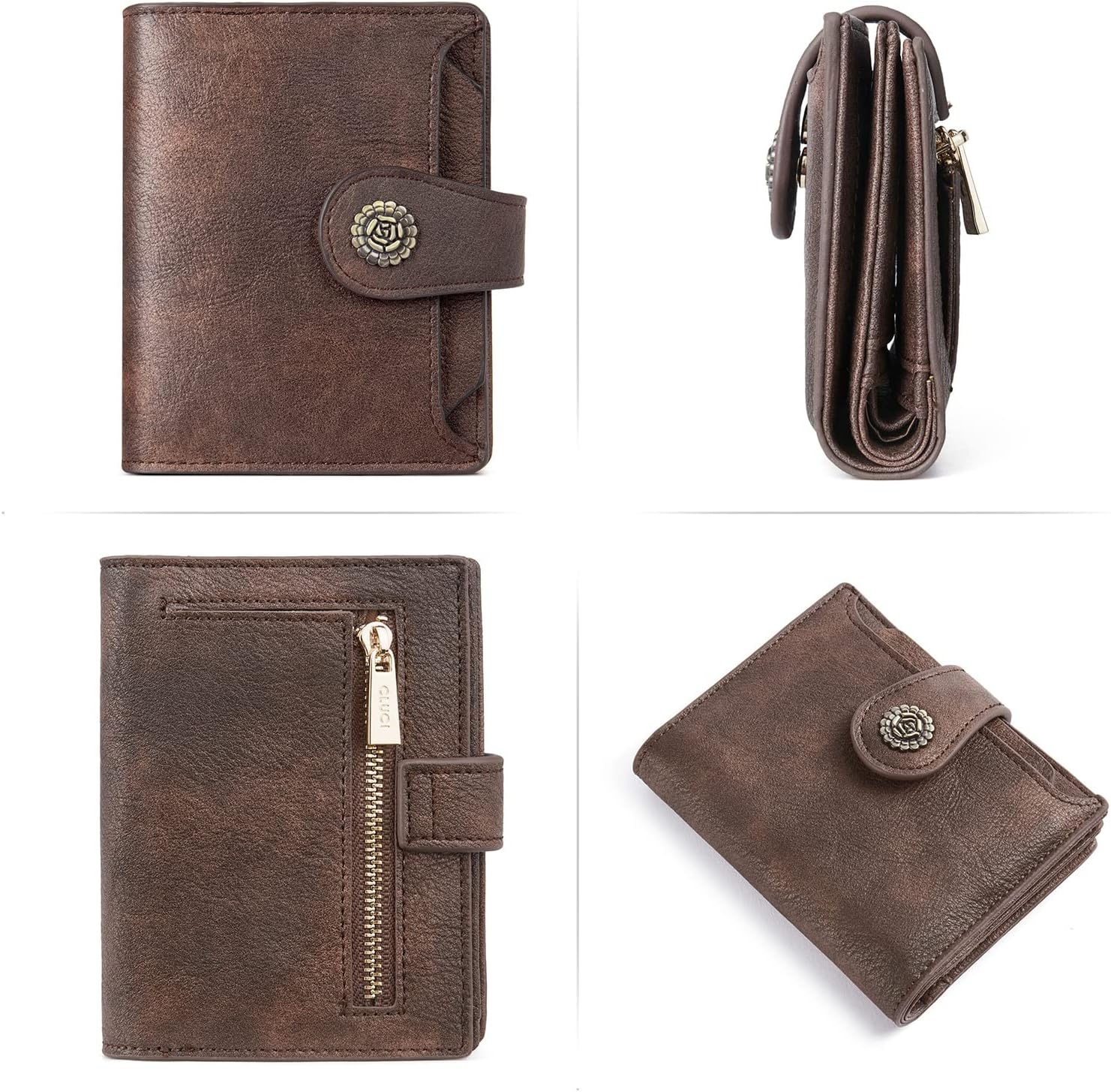 CLUCI Small Wallets for Women RFID Blocking Leather Trifold Compact Credit Card Holder with ID Window Ladies Zipper Coin Purse Coffee