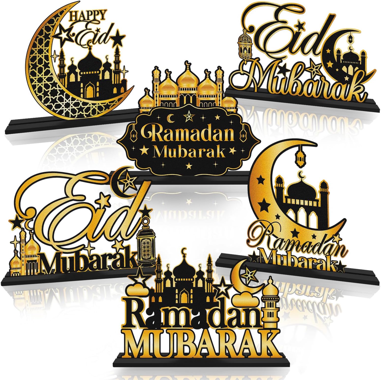 6 Pcs Ramadan Table Decor, Wooden Crescent Moon Star Eid Mubarak Decorations, Ramadan Kareem Mosque Sign Decor Gifts for Home Islamic Holiday Decorations