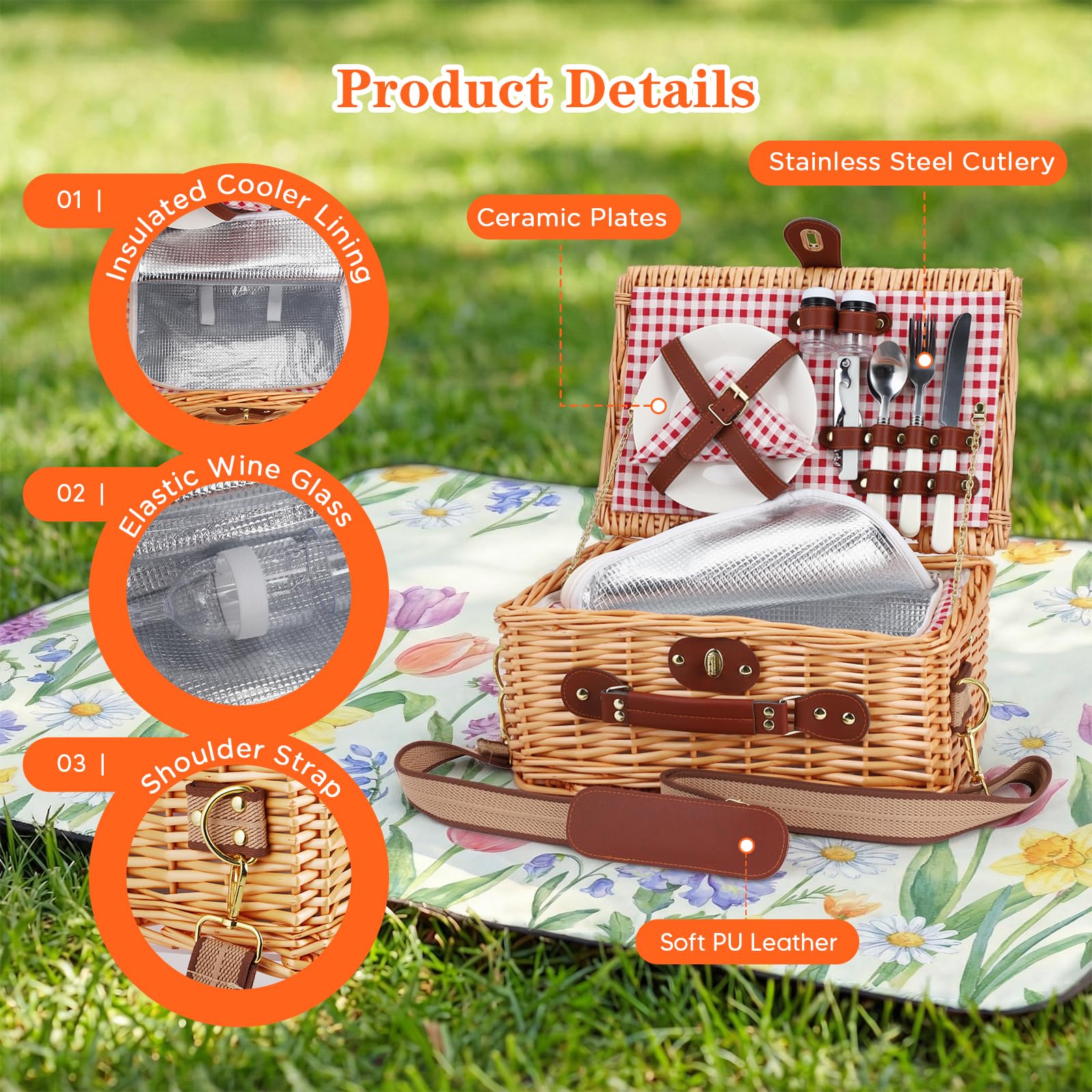 Wicker Picnic Basket Cestino da Picnic in Vimini per 2 Persone – Set Picnic con Vano Isotermico, Piatti, Posate, Bicchieri da Vino, Cavatappi – Perfetto per Spiaggia, Campagna, Parco & Regalo BBQ