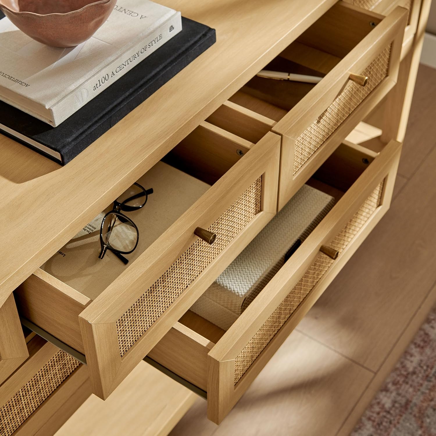 Modway Soma 62 Inch Narrow Rattan Console Table in Oak - Wood Entry Console for Hallway or Living Room