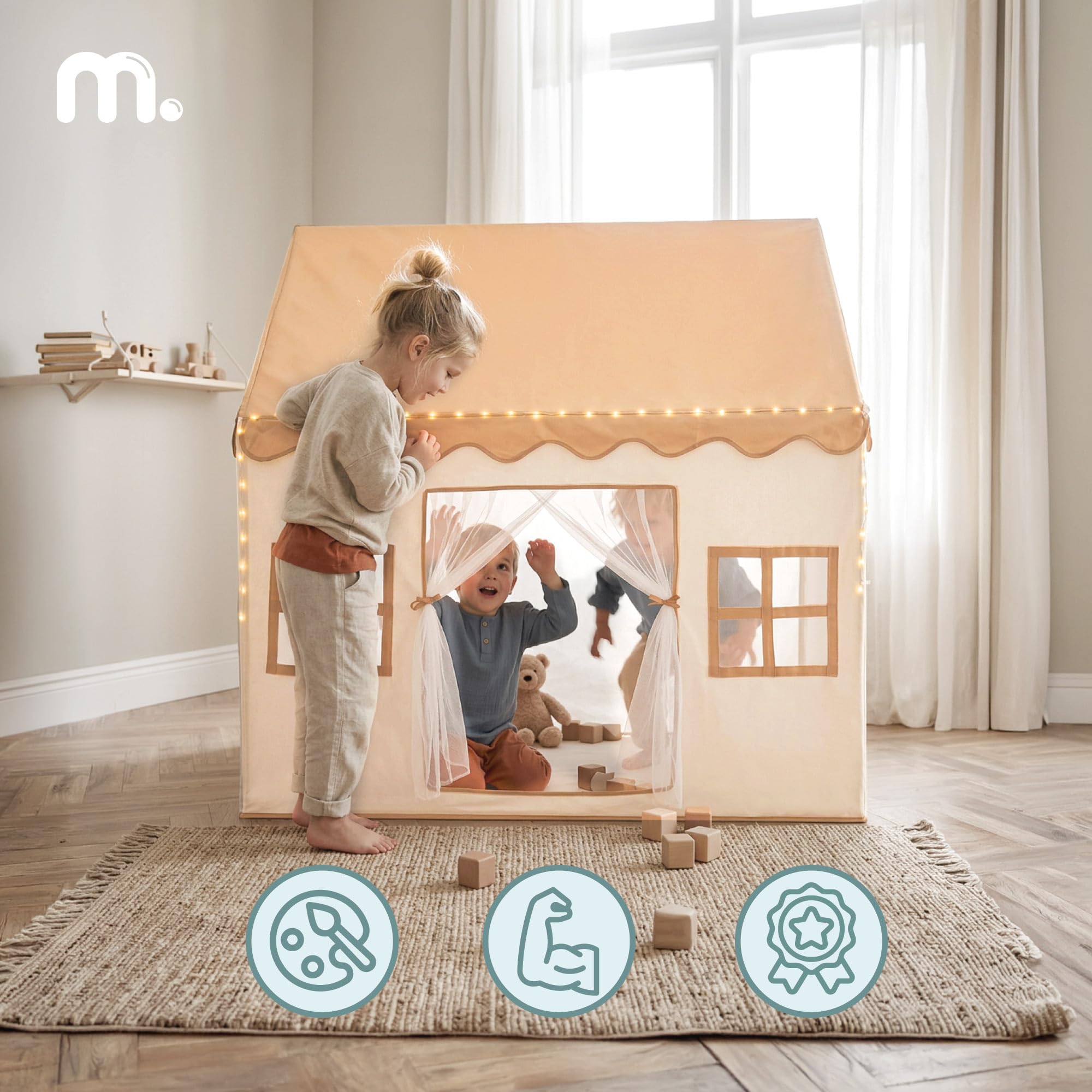 mamabrum XXL Spielhaus Zelt für Kinder aus Polyester mit LED Beleuchtung und Fenstern, Skandinavischer Stil, Indoor und Outdoor, Beige, 95 × 125 × 130 cm