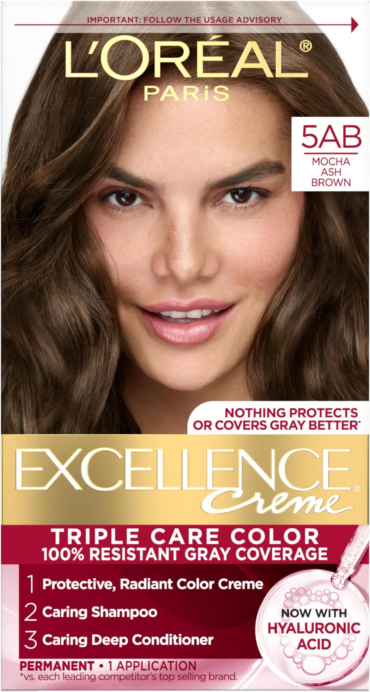 Excellence Crème Permanent Hair Dye, Triple Care Hair Color with Hyaluronic Acid for 100% Gray Coverage, 5AB Mocha Ash Brown, 1 Kit (Packaging May Vary)