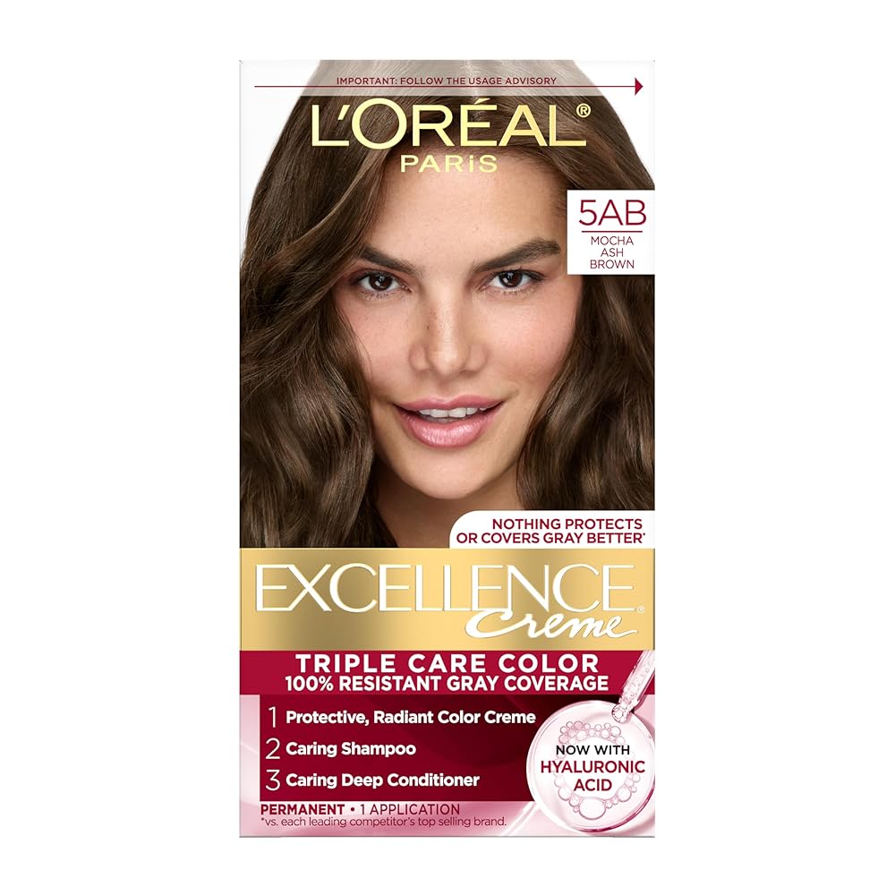 L\'Oreal Paris Excellence Crme Permanent Hair Dye, Triple Care Hair Color with Pro-Keratine Complex for 100% Gray Hair Coverage, 5AB Mocha Ash Brown, 1 Kit