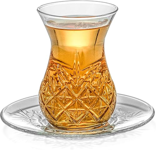 Miniatura 2 de Red Co. Juego de 6 tazas de té turco de vidrio cortado con forma de tulipán de 6 onzas líquidas con platillos, transparentes