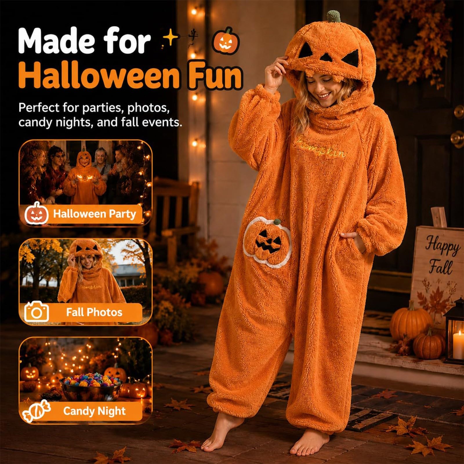 Costume Halloween Donna, Pigiama Intera Halloween Zucca con Cappuccio, Tuta Onesie in Pile Decorazioni, Pigiama Completo Adulto da Casa per Carnevale, Festa, Cosplay, Natale e Serate a Tema