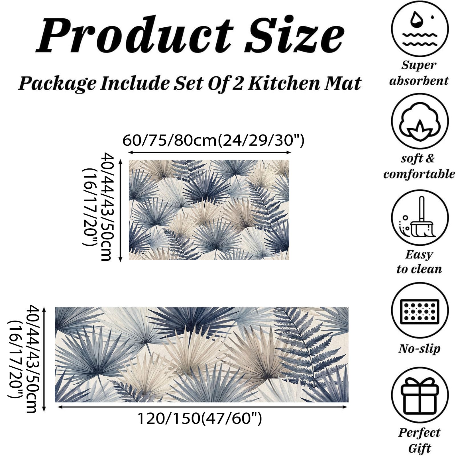 Tappeto Cucina Lavabile Antiscivolo Texture Di Foglia Di Palma Tropicale, Set Da 2 40X60+40X120Cm, Tappetino Cucina Resistente Pianta Ad Acquerello, Tappeti Passatoia Anti Fatica Facili Pulire, Blu