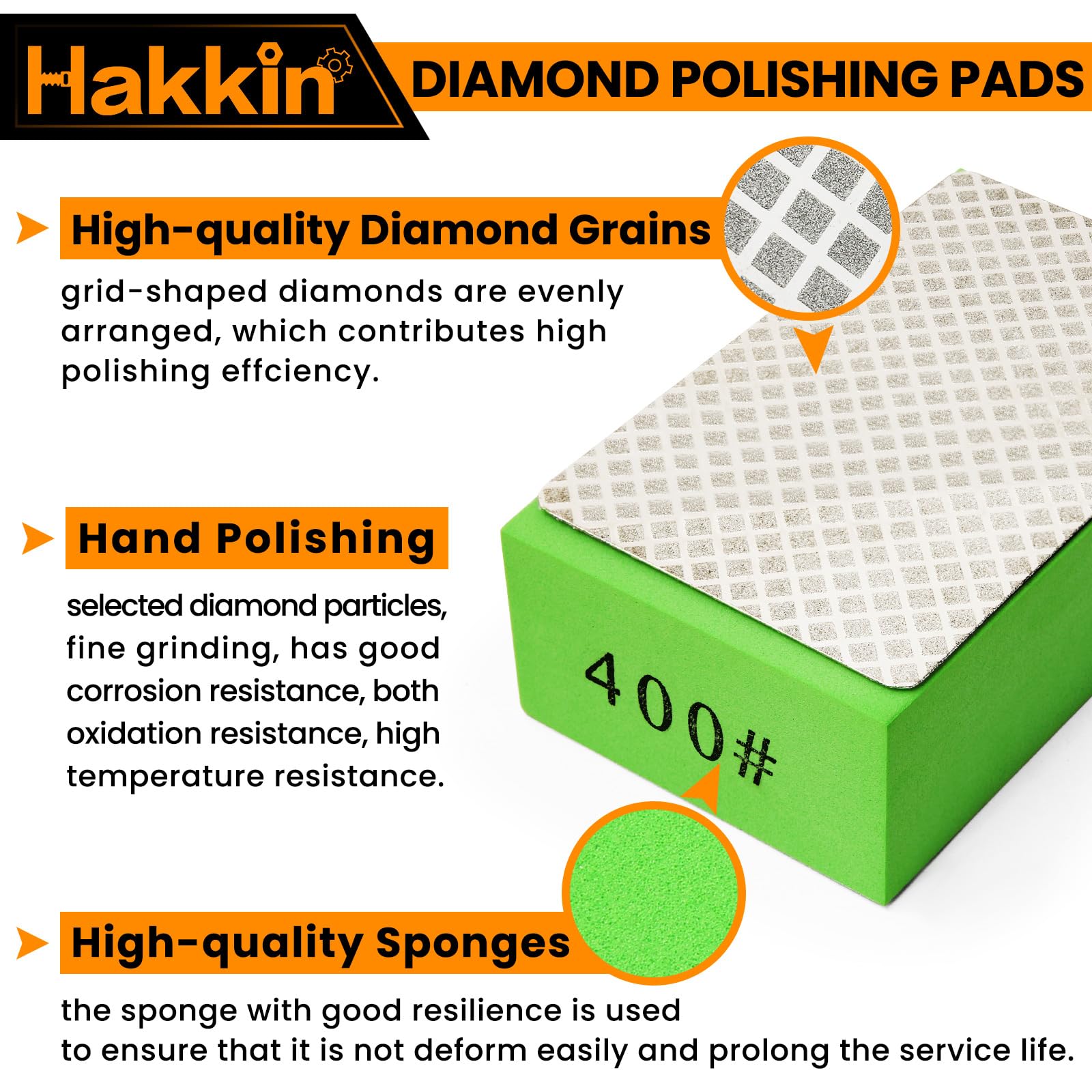 Hakkin 5Pcs Diamond Hand Polishing Pads for Ceramic Tile Glass Grinding Sanding Blocks Grit 60#, 100#, 200#, 400#, 1000# - Image 3