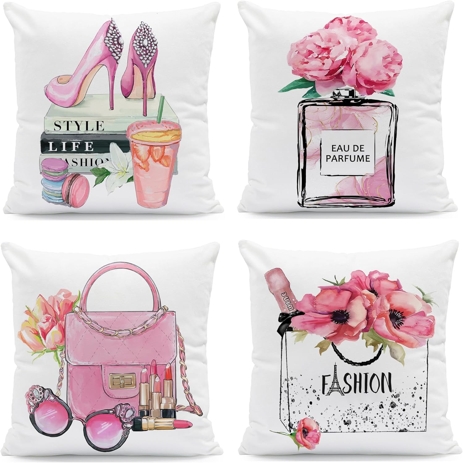 Set of 4 Throw Pillow Covers 18x18 Fashion Cute Decorative Pillow Covers Bed Sofa Couch Pillow Covers Pink Flower Gold Perfume Lipstick Paris Pink Accent Soft Velvet Pillowcases (Pink)