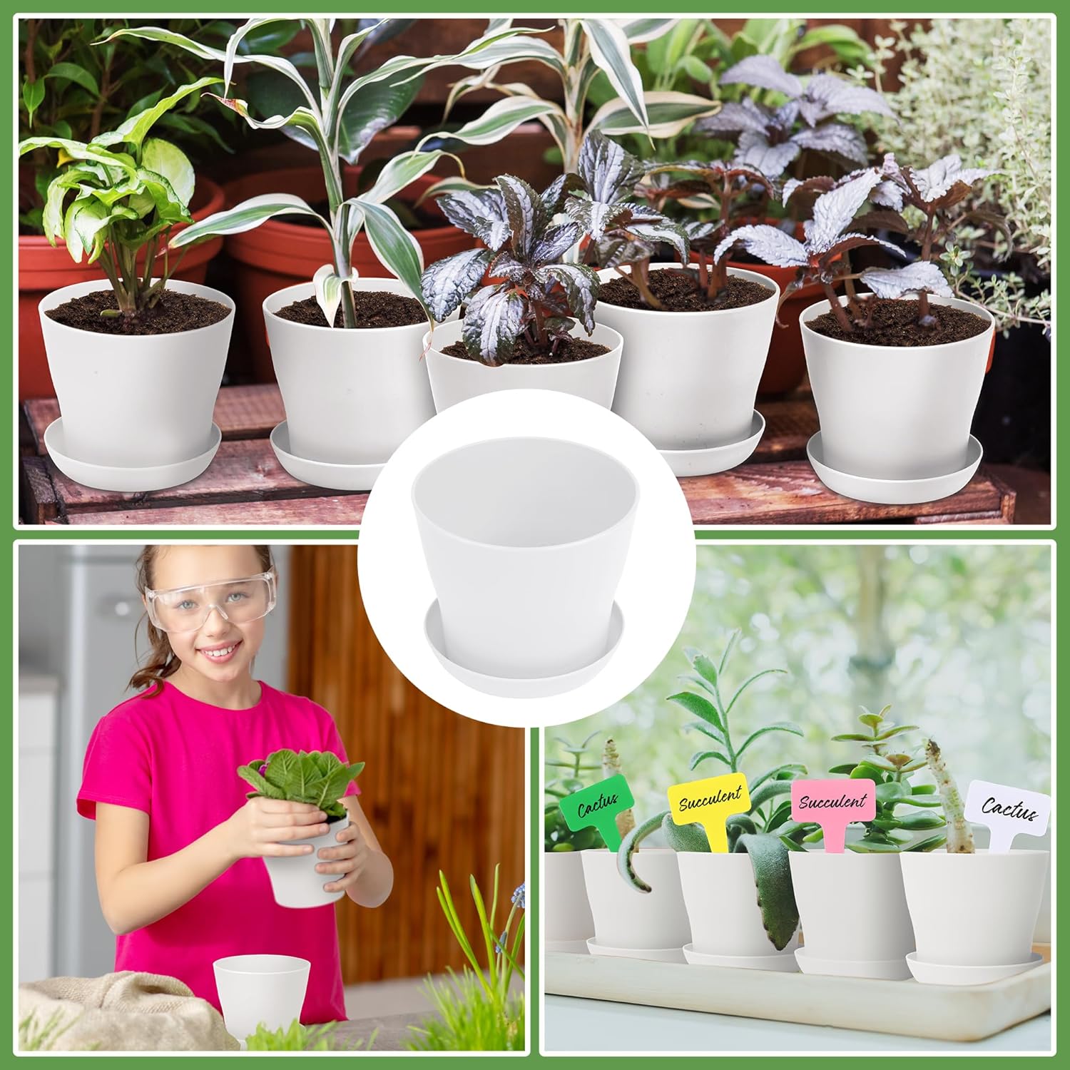 Hahood 60 Pieces White Plastic Planters 4 Inch Flower Pot with Trays Labels Plant Pots Plants Nursery Pot Flower Seedling Nursery Pots for Indoor Outdoor Plant, Herb, Succulent
