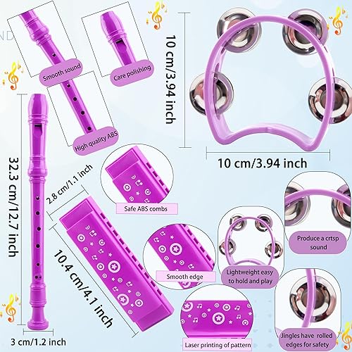 Miniatura 2 de Juego de 6 instrumentos musicales para niños, incluye armónica de plástico y pandereta de campana de mano para niños y niñas, suministros de