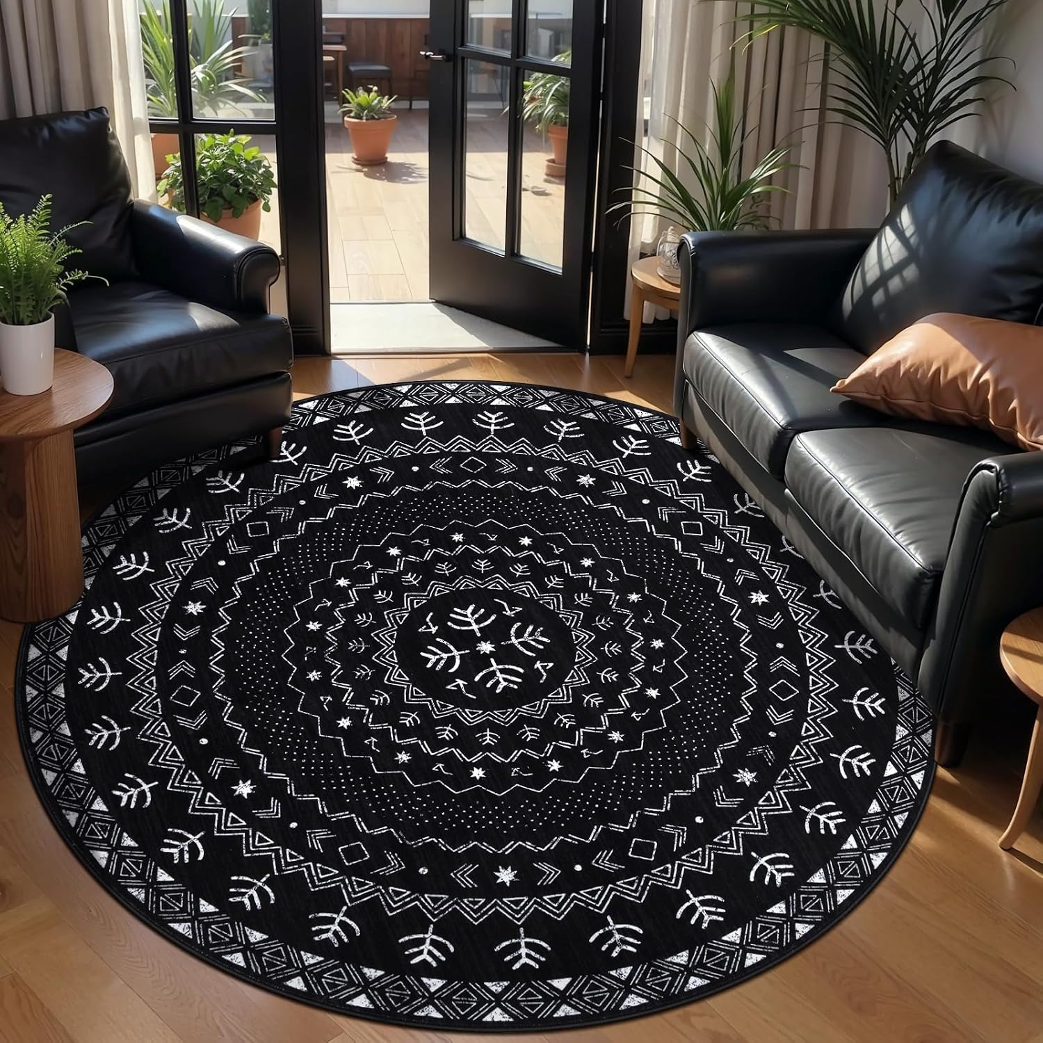SERISSA Round Area Rug, 4ft Washable Non-Slip Black and White Boho Circle Rug, Soft Low-Pile Geometric Indoor Small Circular Carpet for Bedroom Entryway Living Room Dining Room