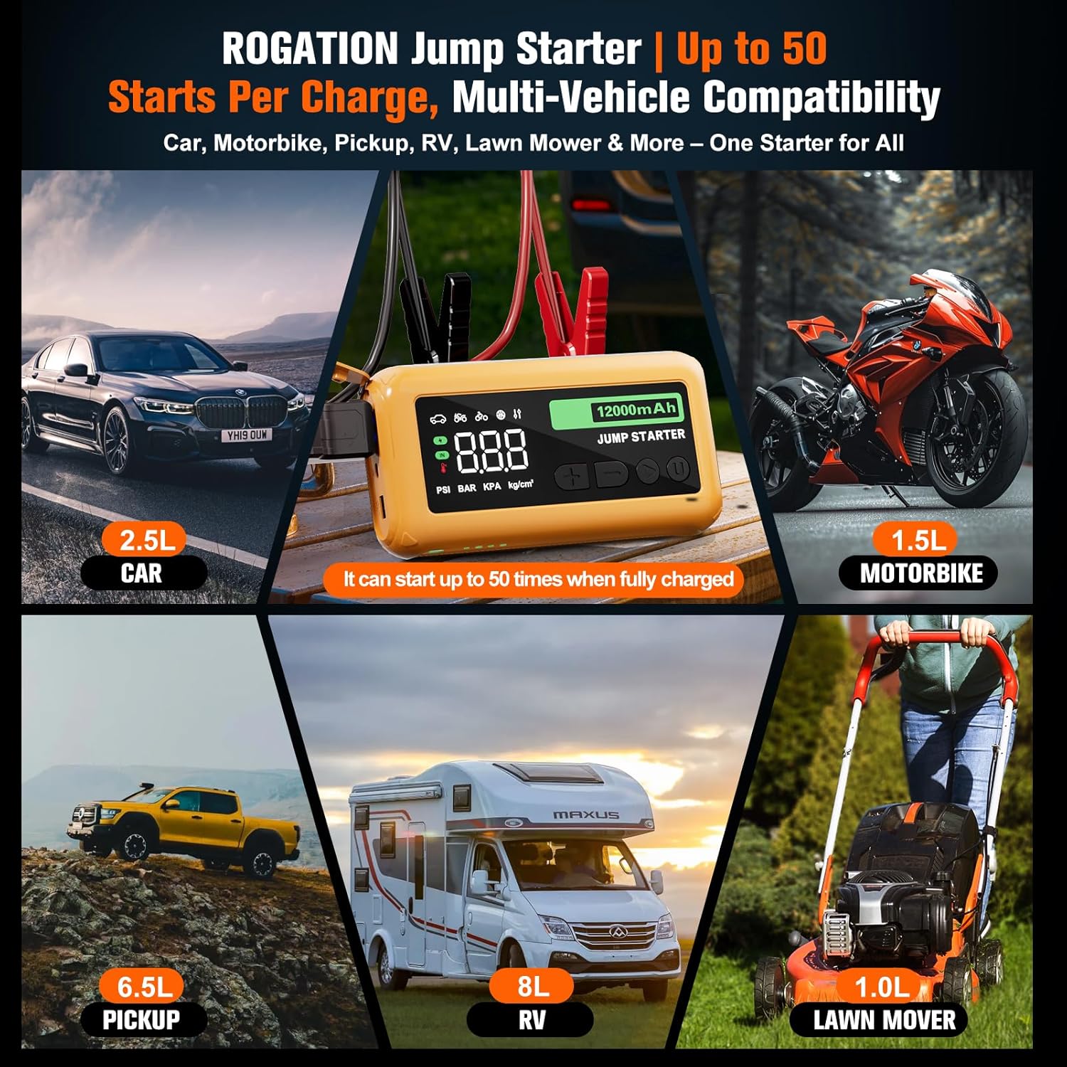 Jump Starter with 150PSI Air Compressor, 2000A Peak 12V Booster, 10000mAh Portable Car Battery Jump Starter, Up to 10L Gas/8L Diesel Engines, 33W Bidirectional fast Charging Power Bank-Orange