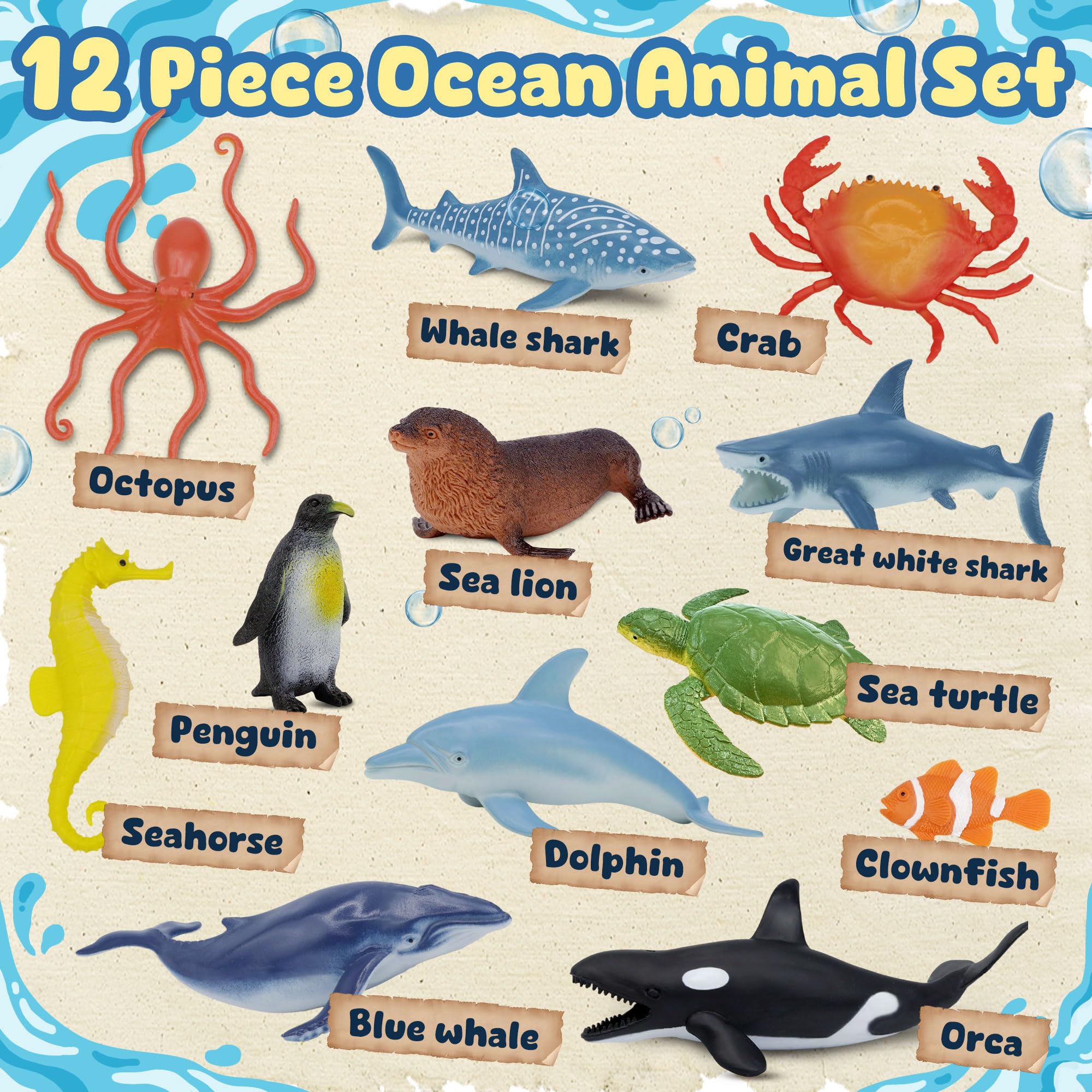 Ozean-Meereslebewesen-Spielzeugfiguren-Set für Kinder, 12-teilig, realistische Meerestiere mit Hai, Delfin, Meeresschildkröte, Pinguin – Meerestierfiguren für Jungen, Mädchen und Kleinkinder