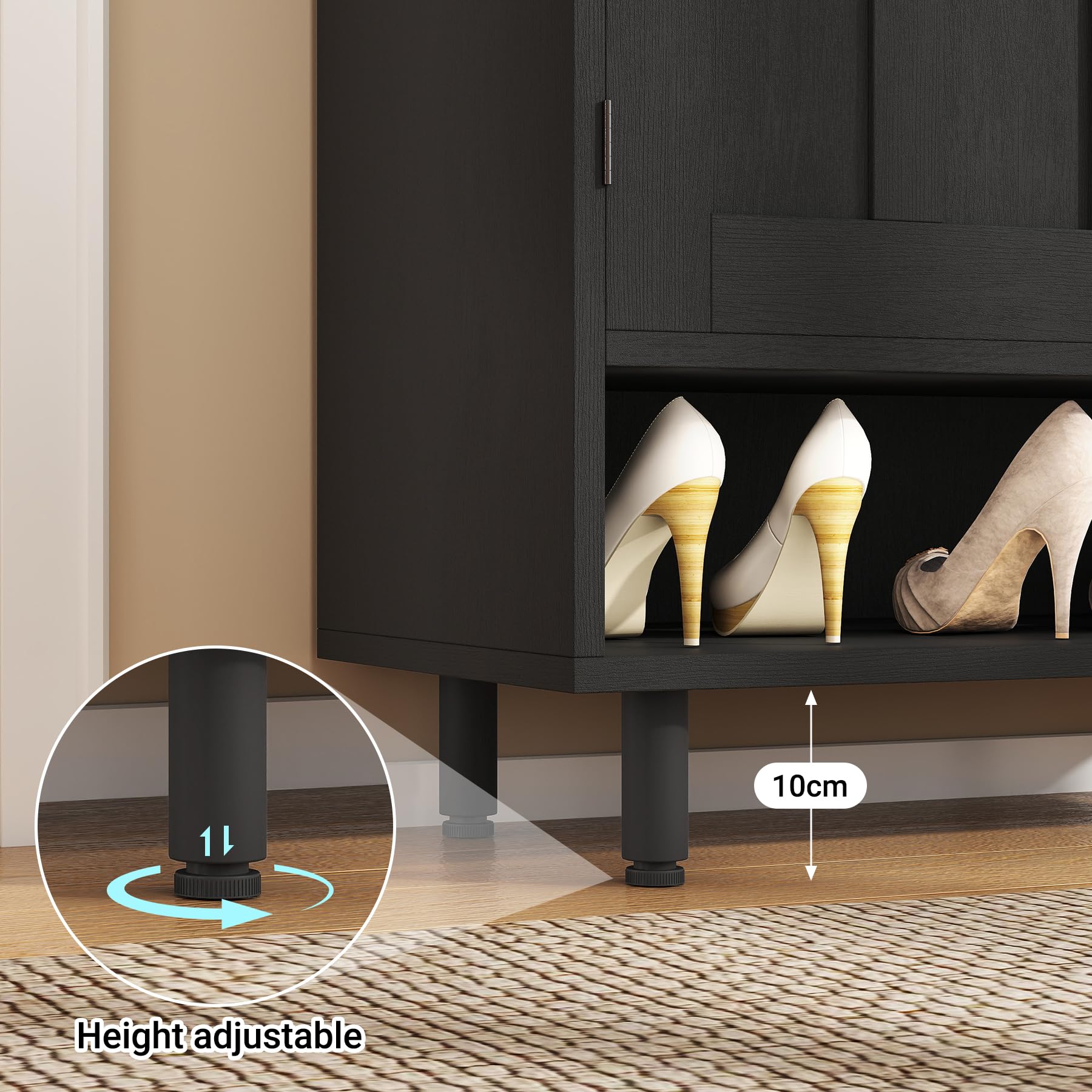 Hawthyhome Schwarzer Schuhschrank aus Holz mit Türen, Shoe Cabinet für mehrere Familienmitglieder, 7+1 Ebenen Flurschrank mit großem Fassungsvermögen, Schuhkommode für Wohnzimmer, 75 × 35 × 115 cm