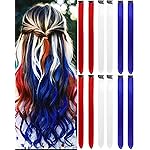 Olldag 12 PCS Red White Blue Clip-In Straight Hair Extensions, 22 Inch Colored Party Synthetic Neon Highlights, Rainbow Hair Accessories for Girls Women Kids