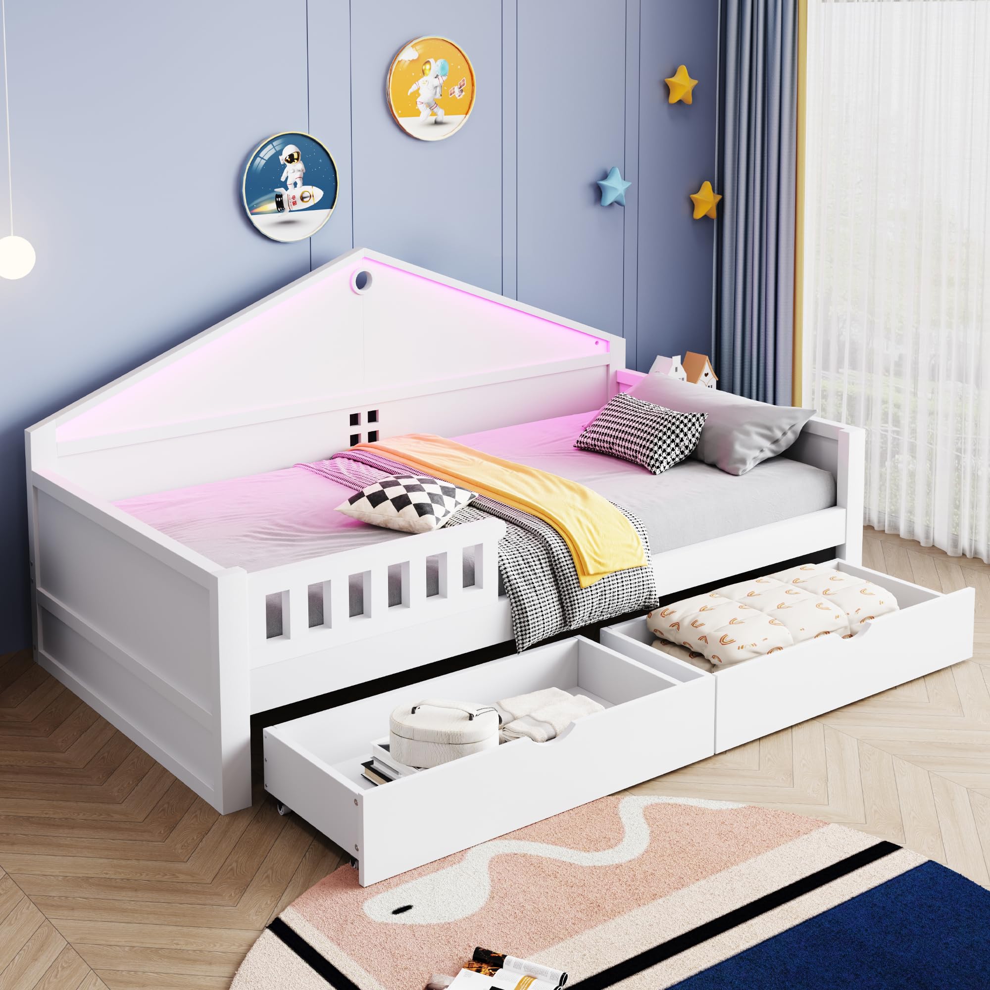 Lettino per bambini, 90 x 200 cm, con barra luminosa, cassetti, rete a doghe, letto singolo, letto per ragazzi, bianco