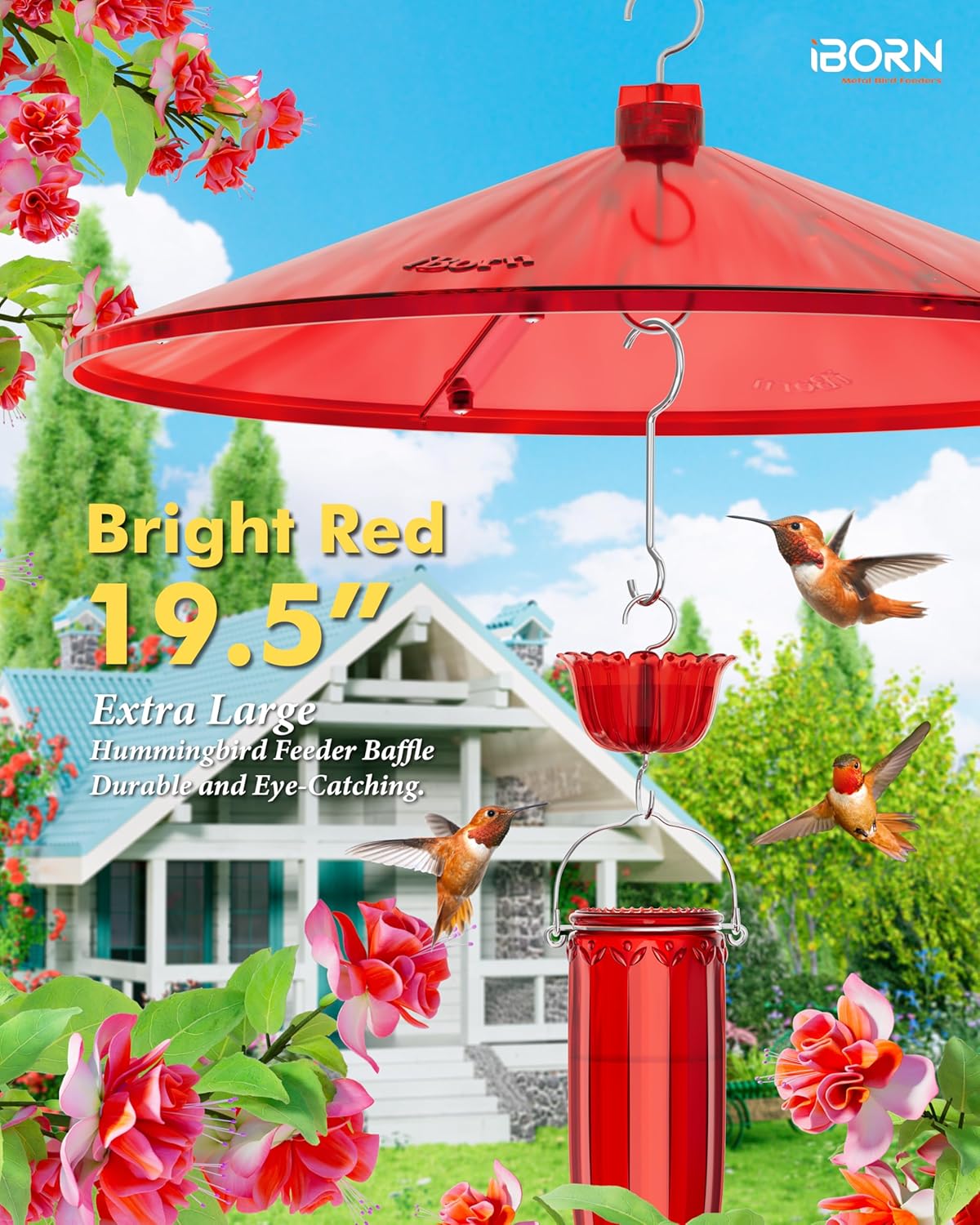 iBorn 19.5-inch Hummingbird Feeders Baffle, Weather Guard, Hanging Bird Feeders Protect, Red, Pack of 1