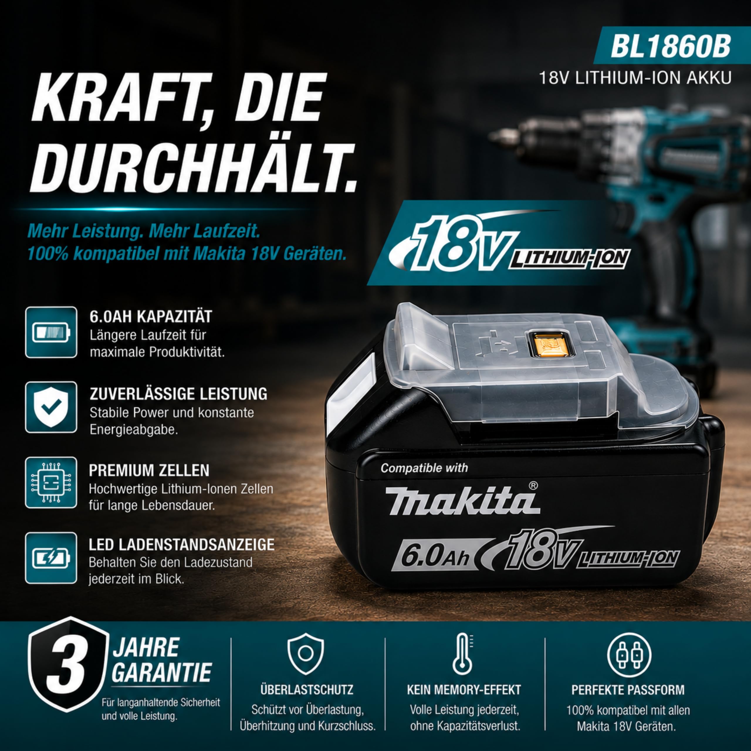 Batterie de rechange 18 V 6,0 Ah compatible avec Makita LXT – BL1860B System Batterie Li-Ion avec indicateur LED pour outils électriques 18 V