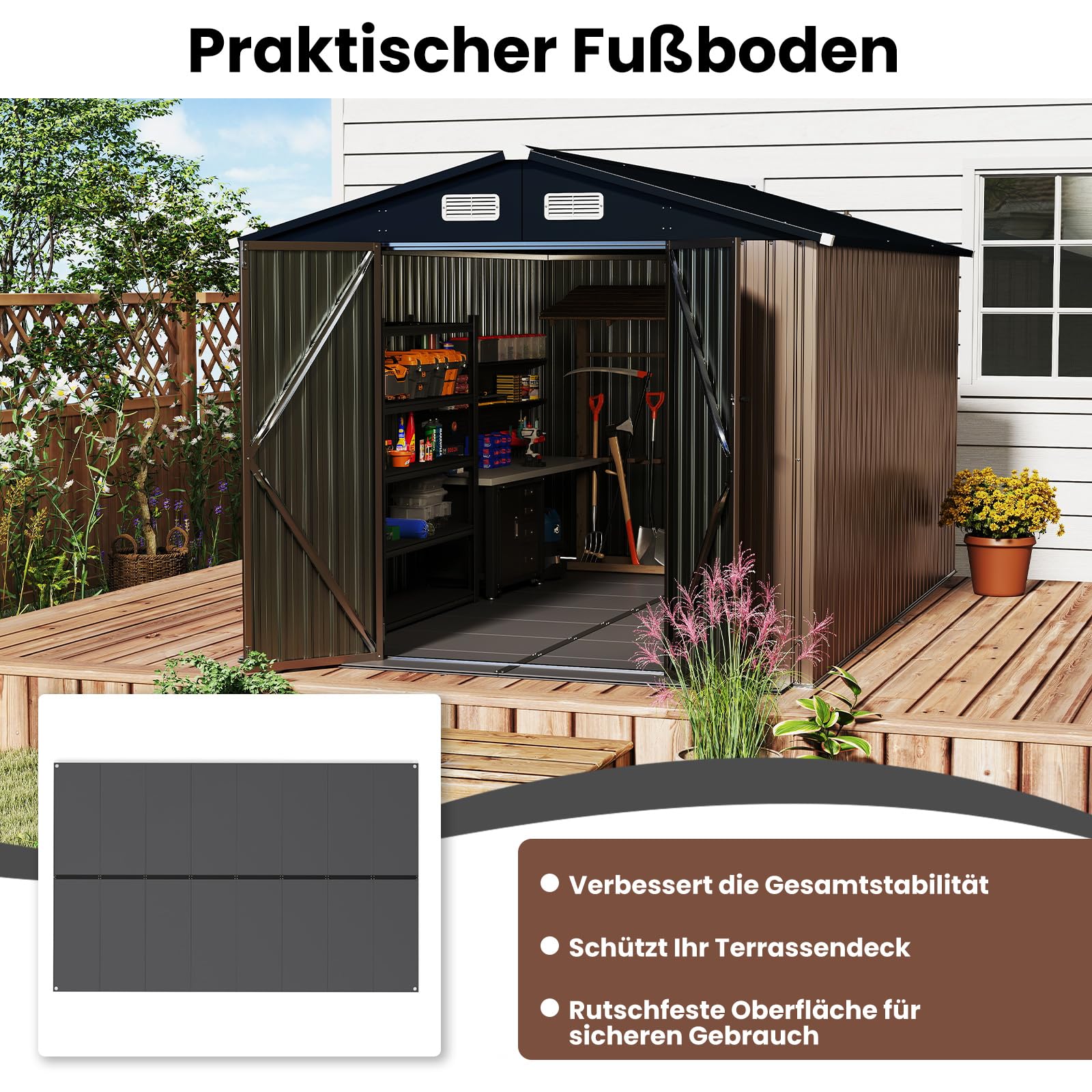 COSTWAY Bodenplatte für Geräteschuppen, 343 x 215 cm Gartenhaus-Fundament mit Rutschfester Oberfläche, verstärkte Streifen, Boden für Gerätehaus