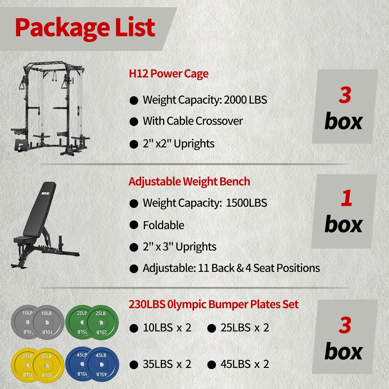 JEEKEE Power Cage with Bench and 230LB Colored Olympic Weight Plates,2000lbs Multi-Function Squat Rack, Power Rack with Cable Crossover System and 20+ Attachments