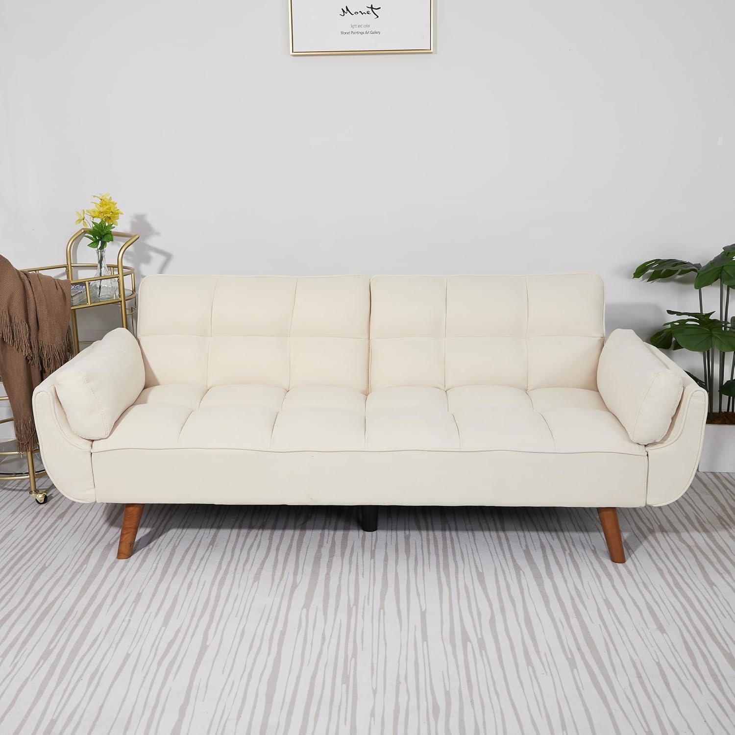 ERYE 75-Inch Linen Tufted Upholstered Futon Sofabed for Bedroom Living Room, Modern Convertible Futon Loveseat Sleeper Sofa Bed with Adjustable Backrest and Pillows | Easy to Assemble