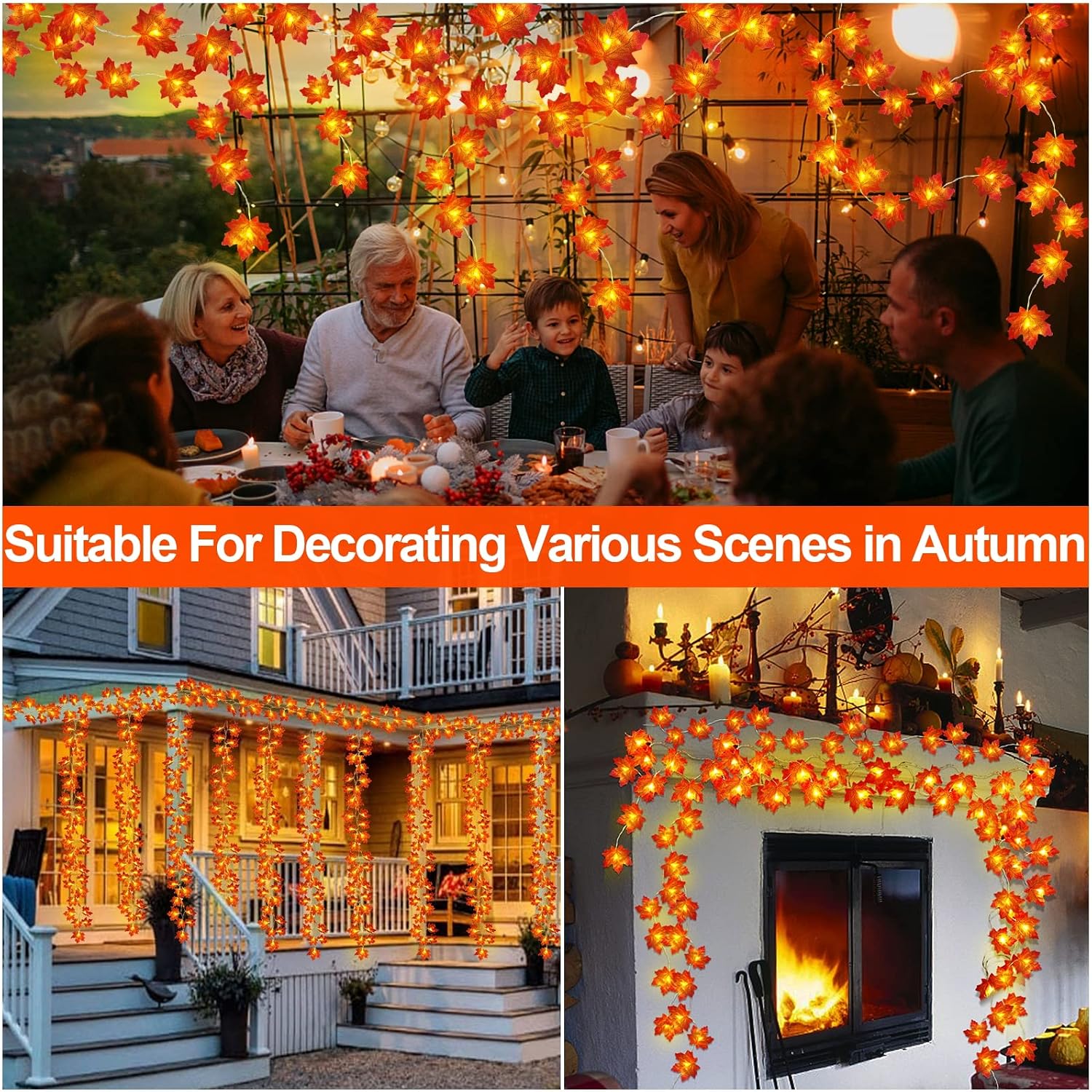 [Timer] 2 Pack Thanksgiving Fall Garland Total 20Ft 40 LED, Thick Maple Leaves Lifelike Garland Fall String Lights Battery Operated Thanksgiving Fall Decorations for Home Mantle Autumn Indoor Outdoor