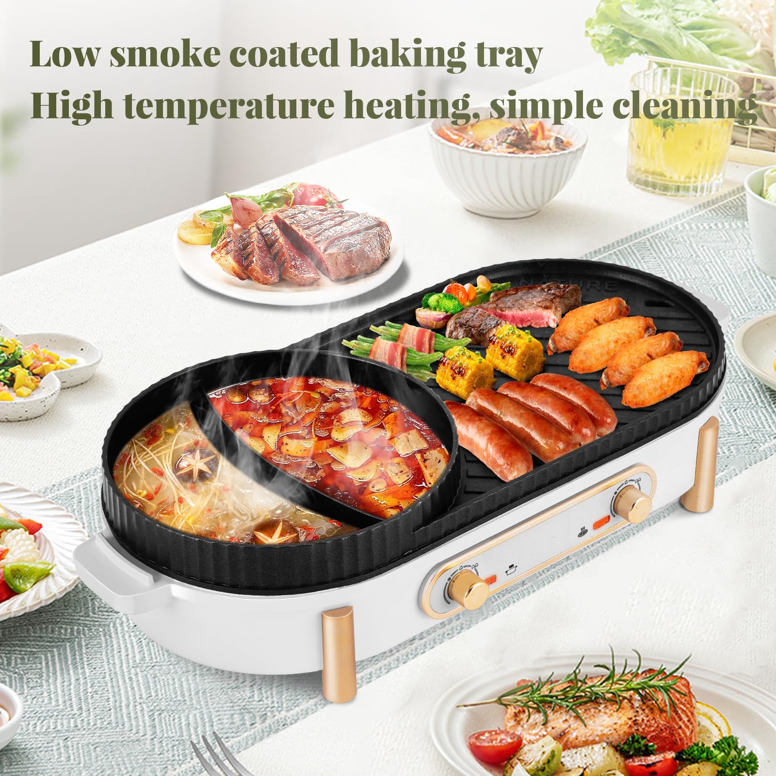 YJINGRUI Hot Pot électrique 2200W gril électrique Hot Pot Grill 2 en 1 pot hotpot et plaque de gril avec 2 réglages de température indépendants pour 3-12 personnes