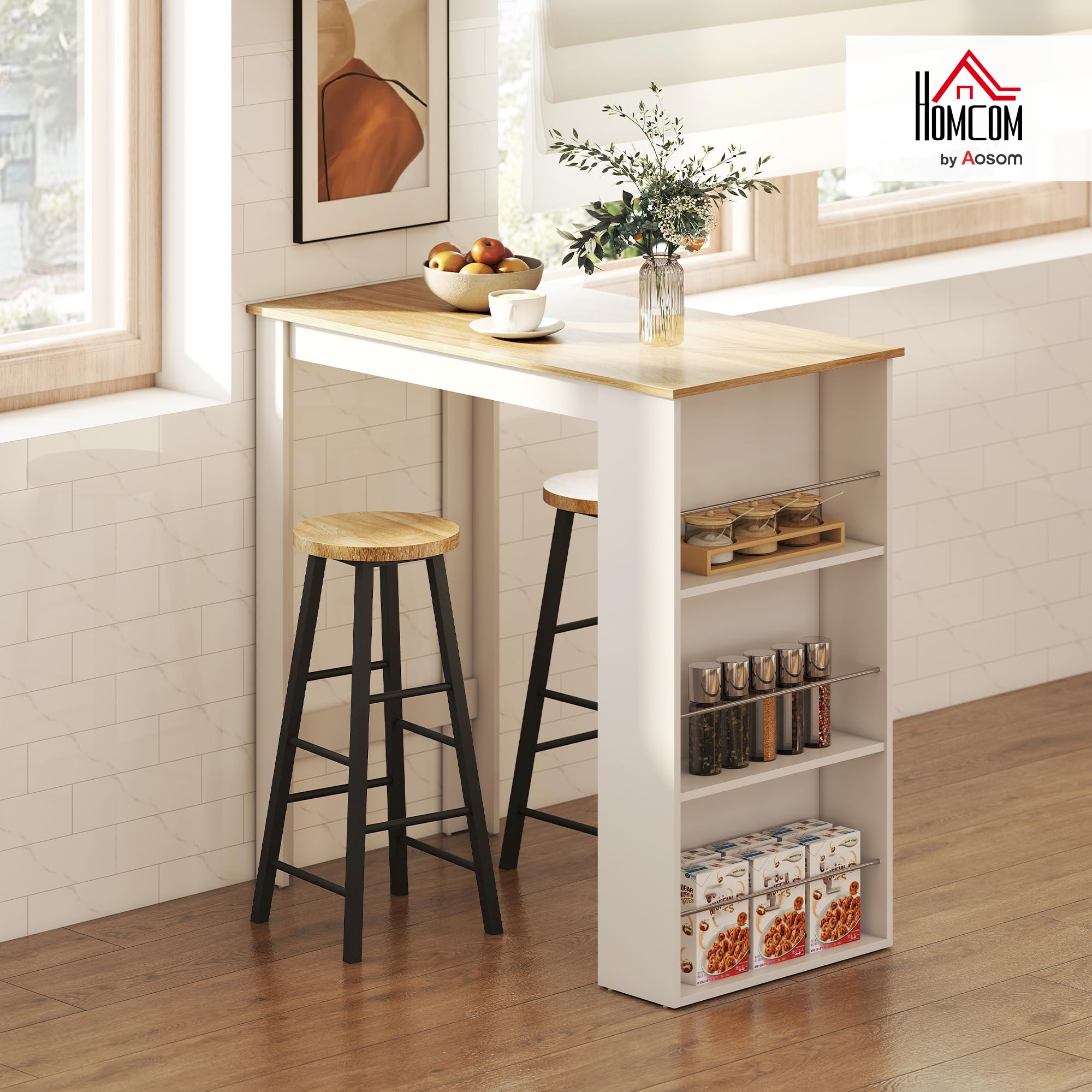 HOMCOM Table de Bar Table Haute de Cuisine Mange-Debout comptoir - dim. 112L x 57l x 106H cm - 3 étagères - Aspect chêne Clair Blanc